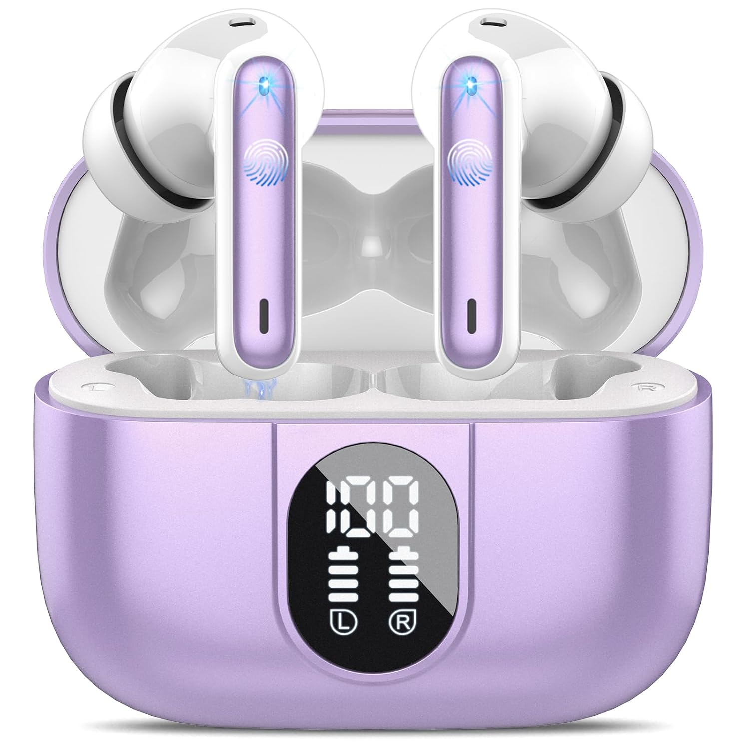 Csasan Wireless Earbuds, 2023 Bluetooth 5.3 Headphones HiFi Stereo, 40H Playtime, Bluetooth Earbuds with ENC Noise Cancelling Mic, IP7 Waterproof Wireless Earphones LED Display, Touch Control, Purple