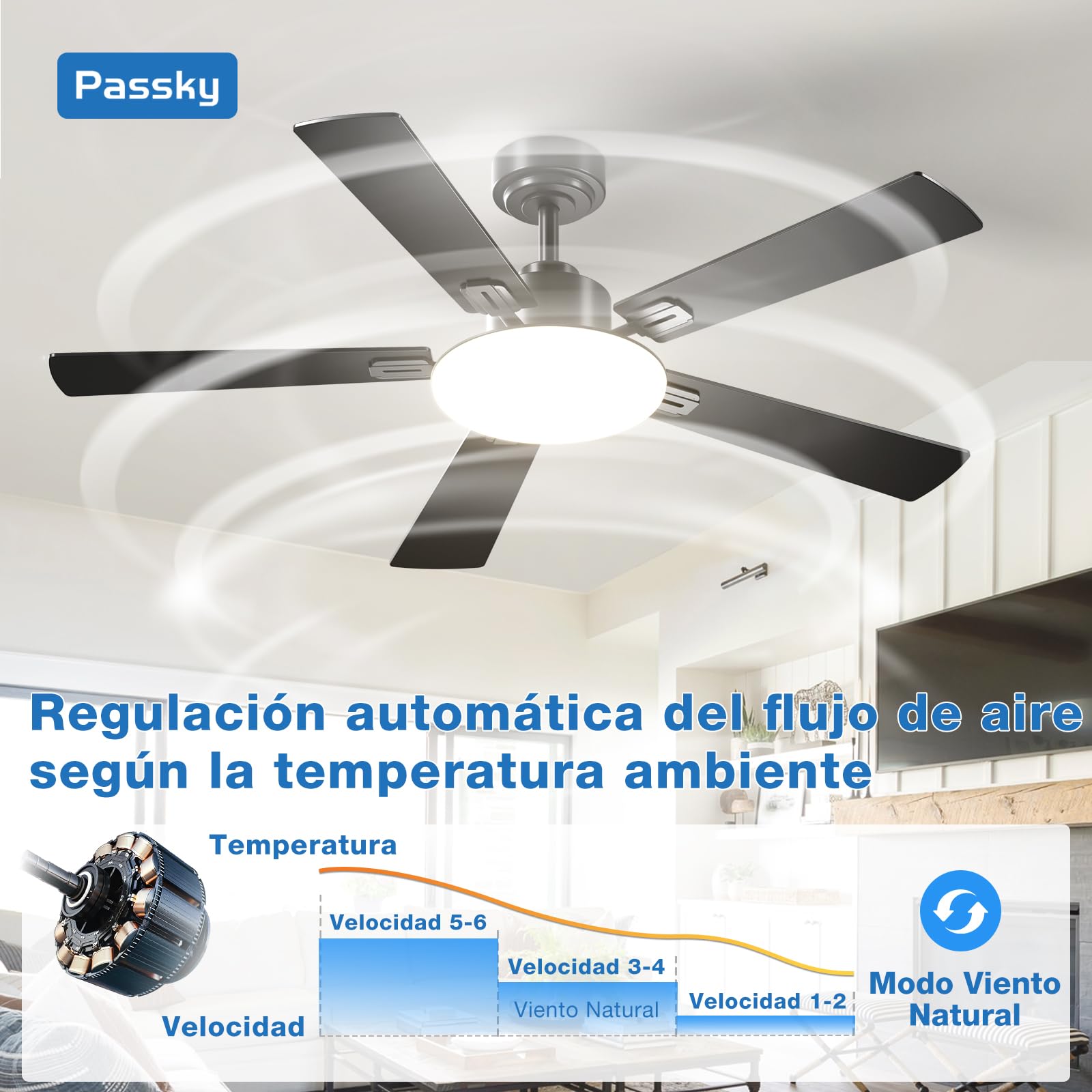Passky Ventilador de Techo con Luz LED Mando 132cm Silencioso Negro | 5 Aspas Doble Face Temporizador Motor DC 3 Luces Regulables 6 Velocidades Reversible Verano Invierno Int/Ext Salón Dormitorio