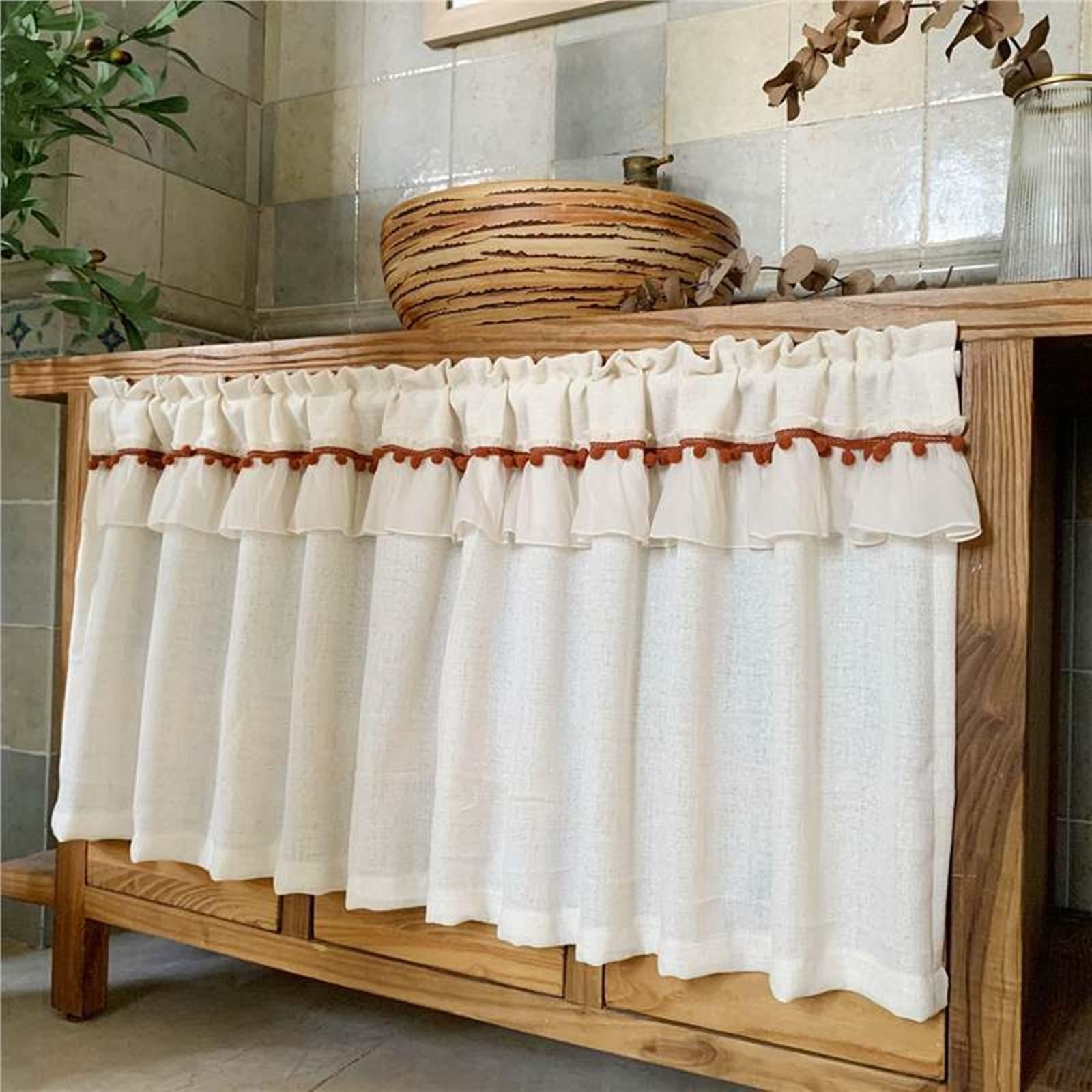 Kurzvorhang Cremiges Beige 1 Stück, Einfarbig Pompom Voile, HxB 100x150cm