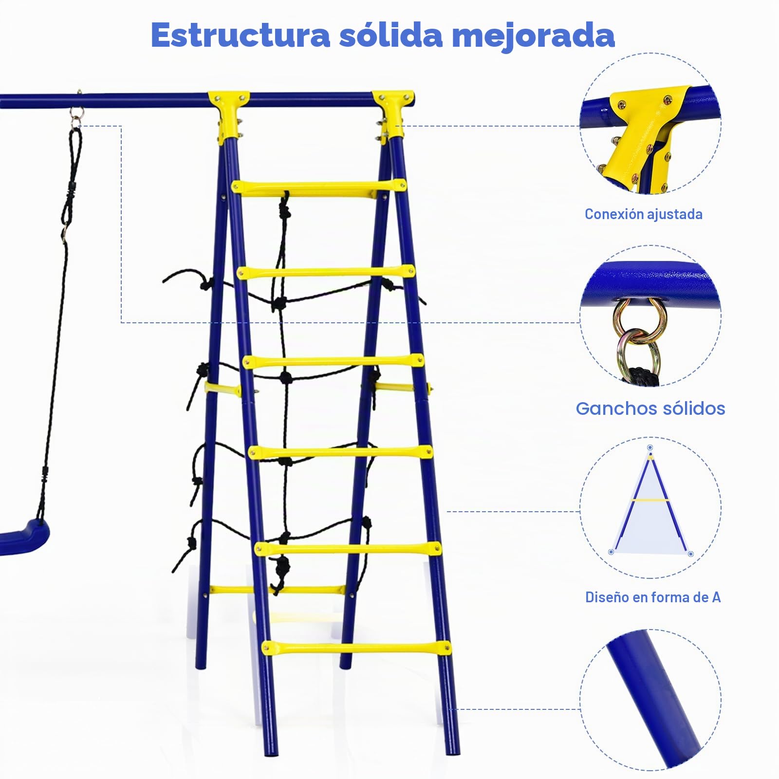 KOMFOTTEU Juego Columpio 5 en 1 para Niños, Estructura de Juego con 2 Columpios, Escalera, Red de Escalada y Aro de Baloncesto, Columpio Infantil Jardín con Estructura Metal, 294 x 138 x 176 cm
