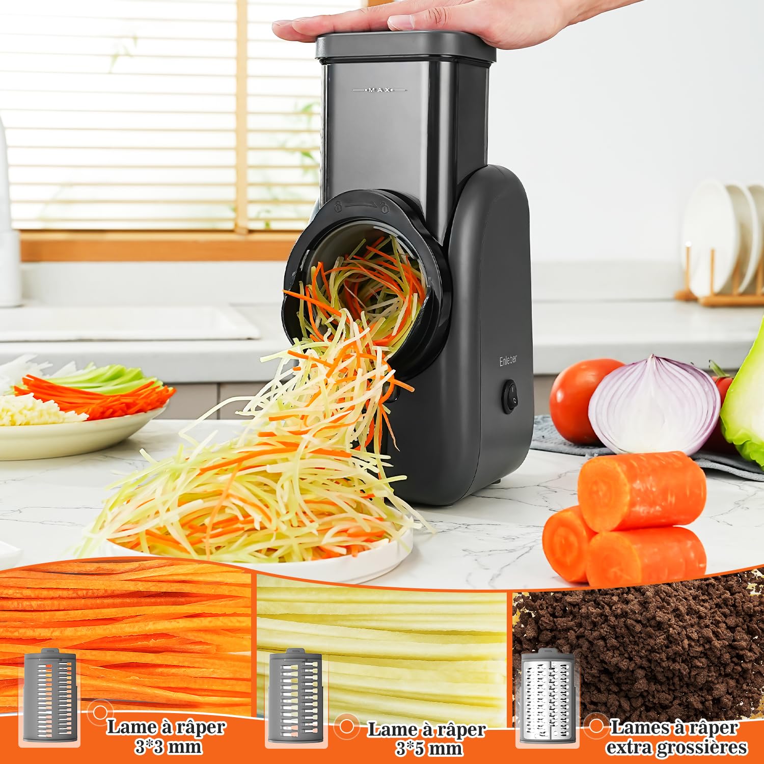 Découpe-légumes électrique, Râpe a Légumes Électri,Râpe de cuisine électrique,Hachoir multifonctionne découpe legumes facilment, fromage, carottes, chocolat,gris-noir