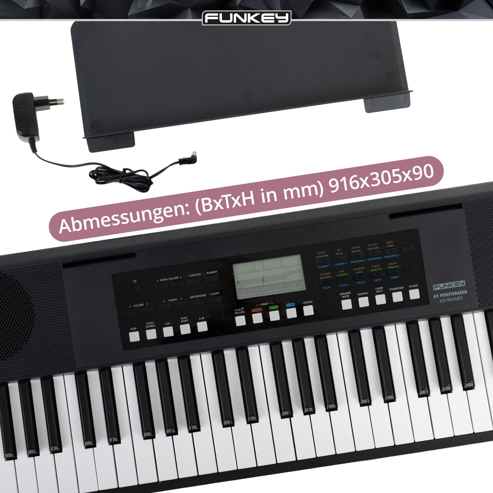 FunKey 61 Performer Schwarz, Tastatur & Spielgefühl, Touch Response: OFF | 61 anschlagsdynamische Tasten, Soft, Normal, Hard, Layer-Funktion (2 Sounds kombinierbar), Octave-Funktion ± 1 - 2 Oktaven
