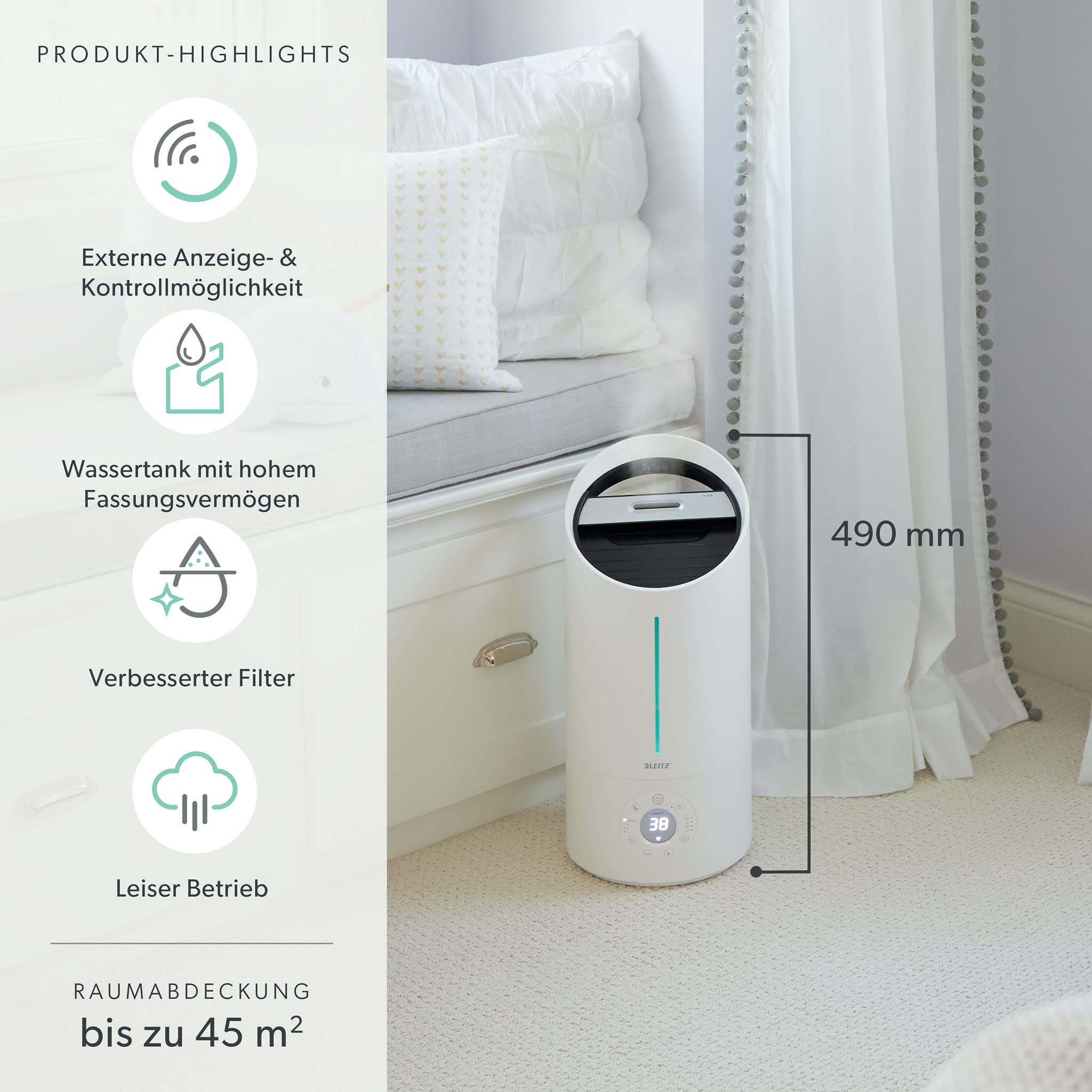 Leitz TruSens 2415167 - Umidificatore ad ultrasuoni N-200 medio per 45 m², con indicatore di umidità e controllo dell'umidità, per uffici, camera da letto e cameretta dei bambini, serbatoio da 5 l
