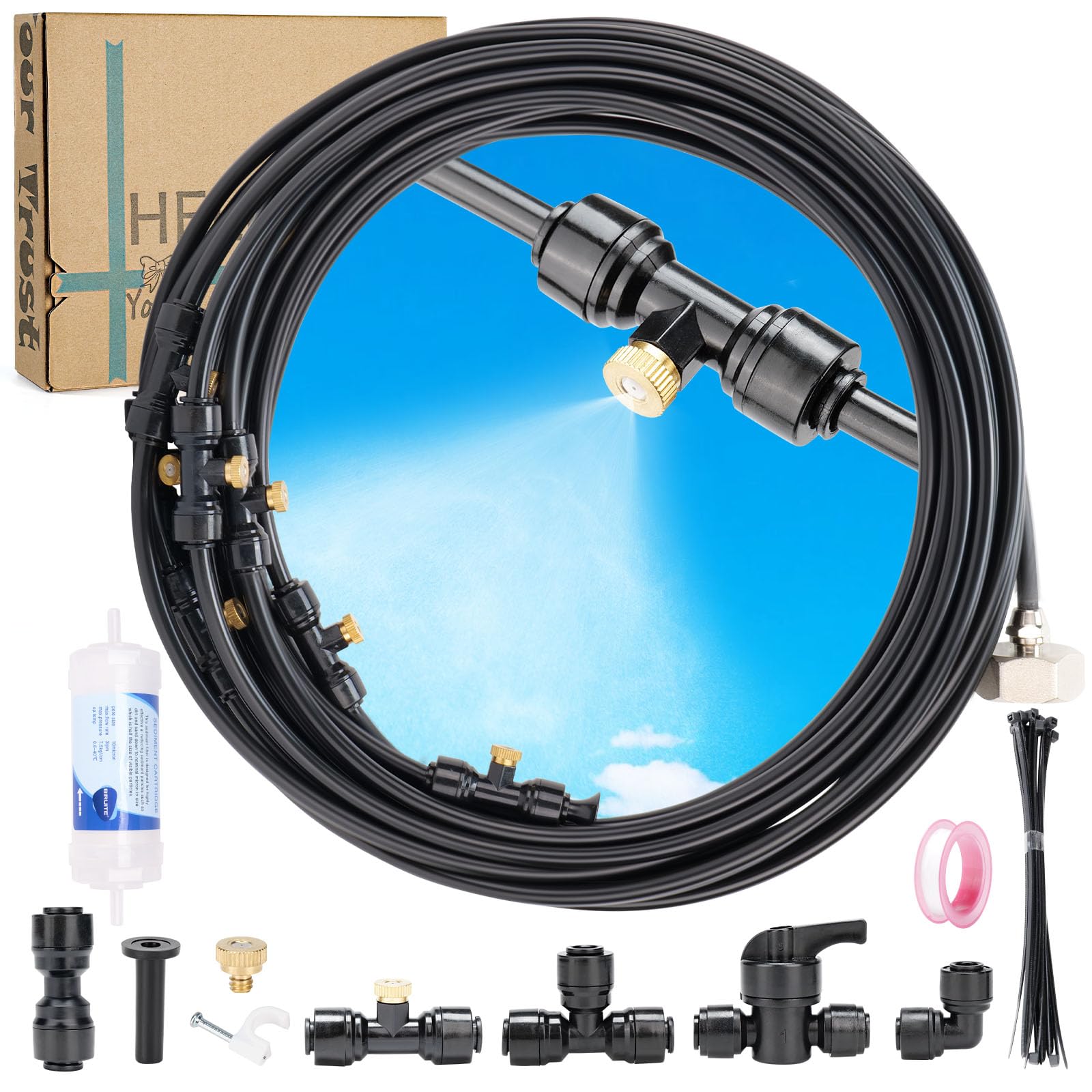 Misters for Outside Patio, 59ft Misting Line + Filter + 23 Brass Misting Nozzles +Brass Adapter(3/4") Misting System for Garden, Greenhouse, Trampoline and Chicken Coop