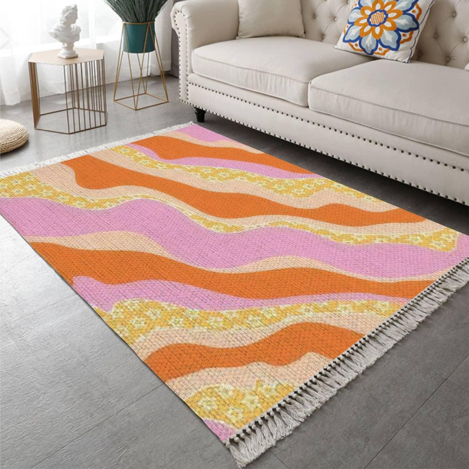 Cotton Linen Area Rug with Tassel Curvy Psychedelic Y2K 70s