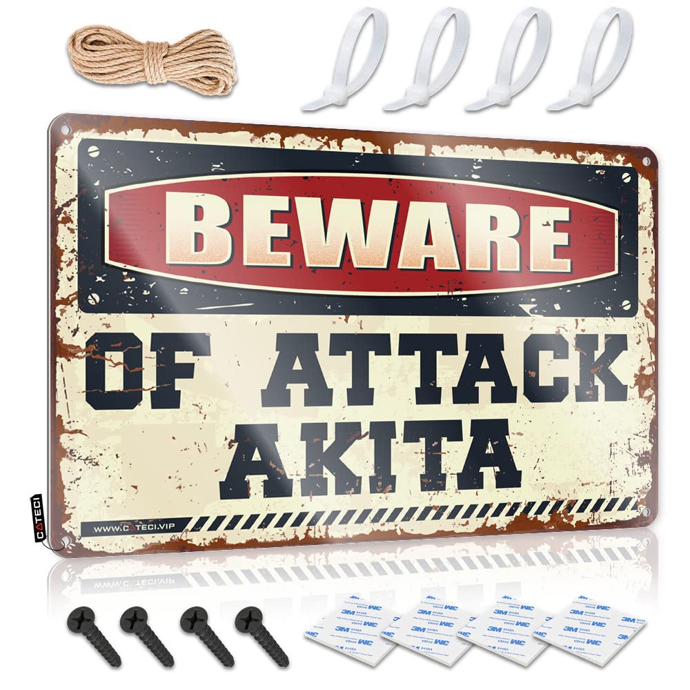 STWNVOITV Coffee Tin Sign Beware Of Attack Akita Tin Sign Funny Signs For Office Tin Signs Camping Rules(20X30CM)