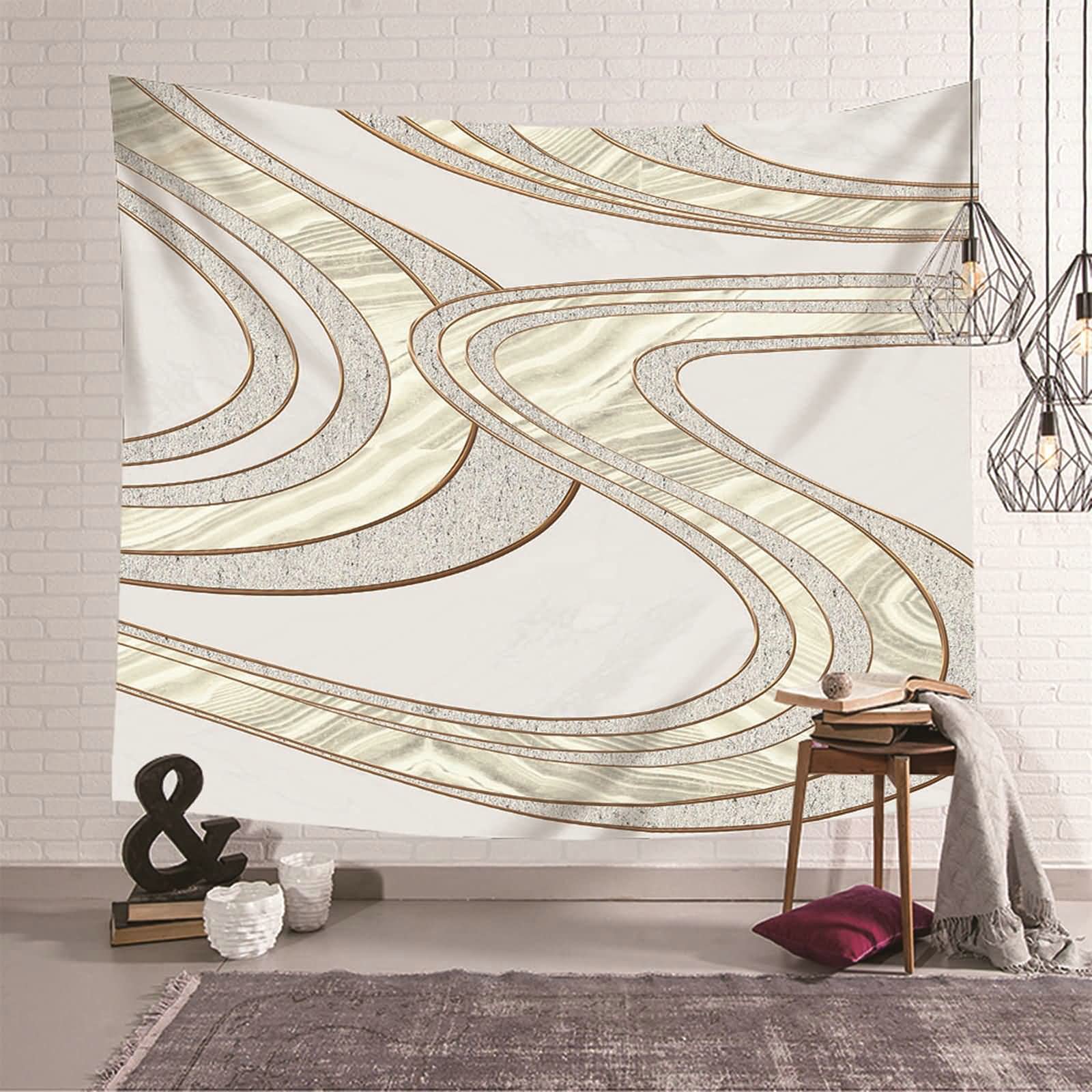 Tapiz de pared, diseño de líneas geométricas, decoración de pared, de poliéster, gris, caqui, 350 x 256 cm