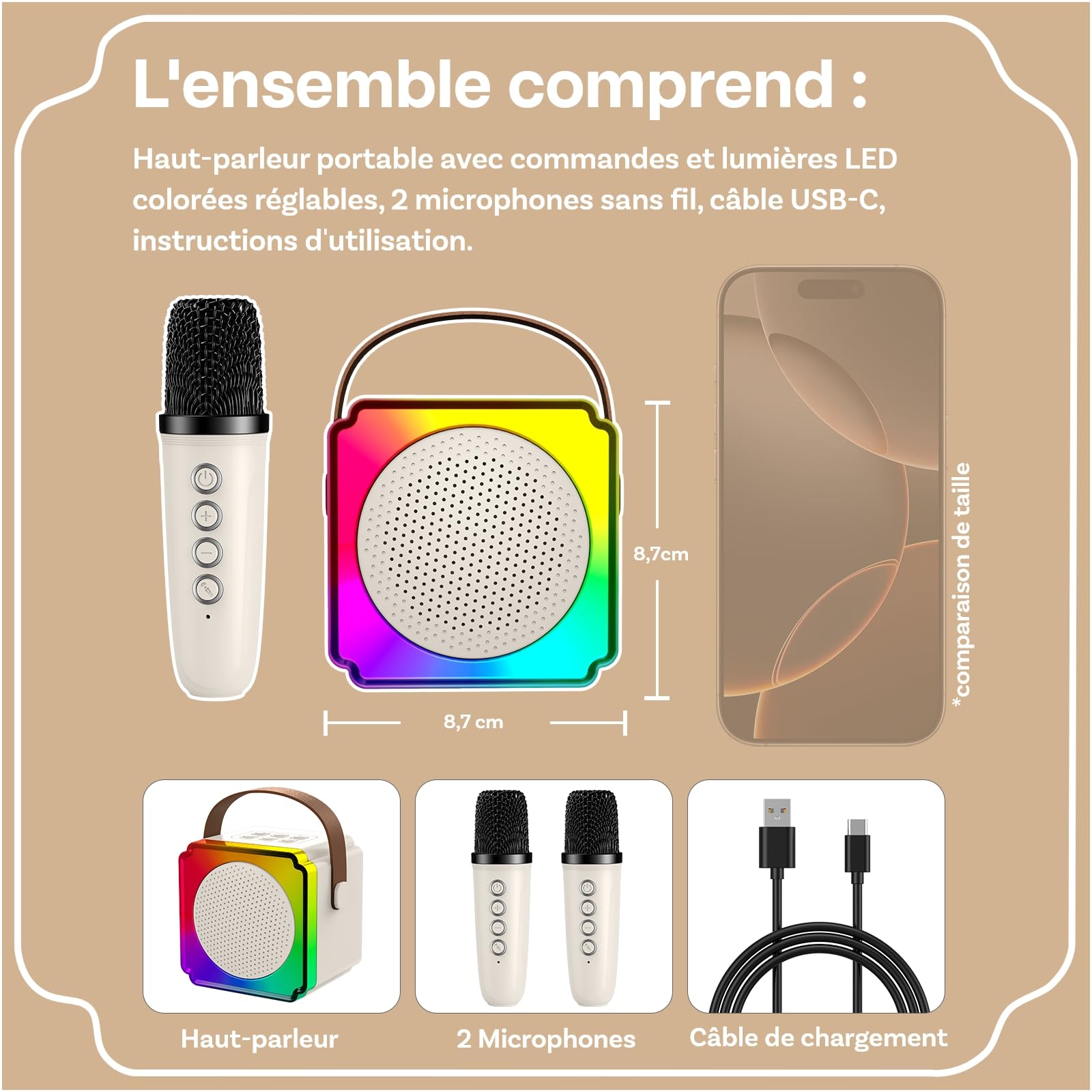Machine à Karaoké avec 2 Microphone sans Fil pour Enfants par MMOBIEL – Enceinte Bluetooth Portable, 2 Microphone, Effets de Voix, Lumière LED – Micro Karaoke, Cadeau Fille, Garcon, Enfants 3+, Beige