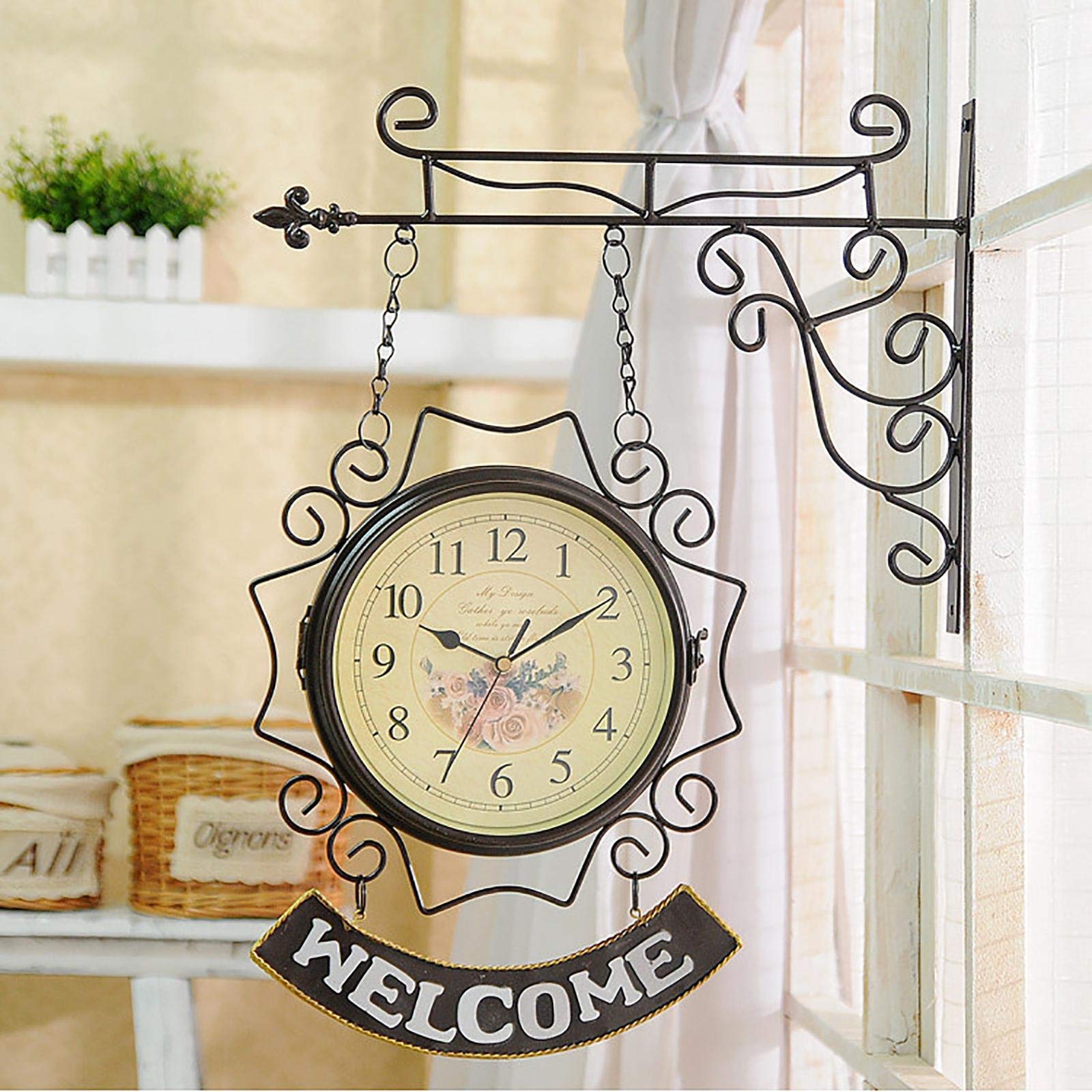 Reloj De Exterior Impermeable para Jardín, Reloj De Pared Exterior De Doble Cara De 10 Pulgadas, Relojes Retro para Exteriores, Funciona con Pilas, Silencioso, Blanco.