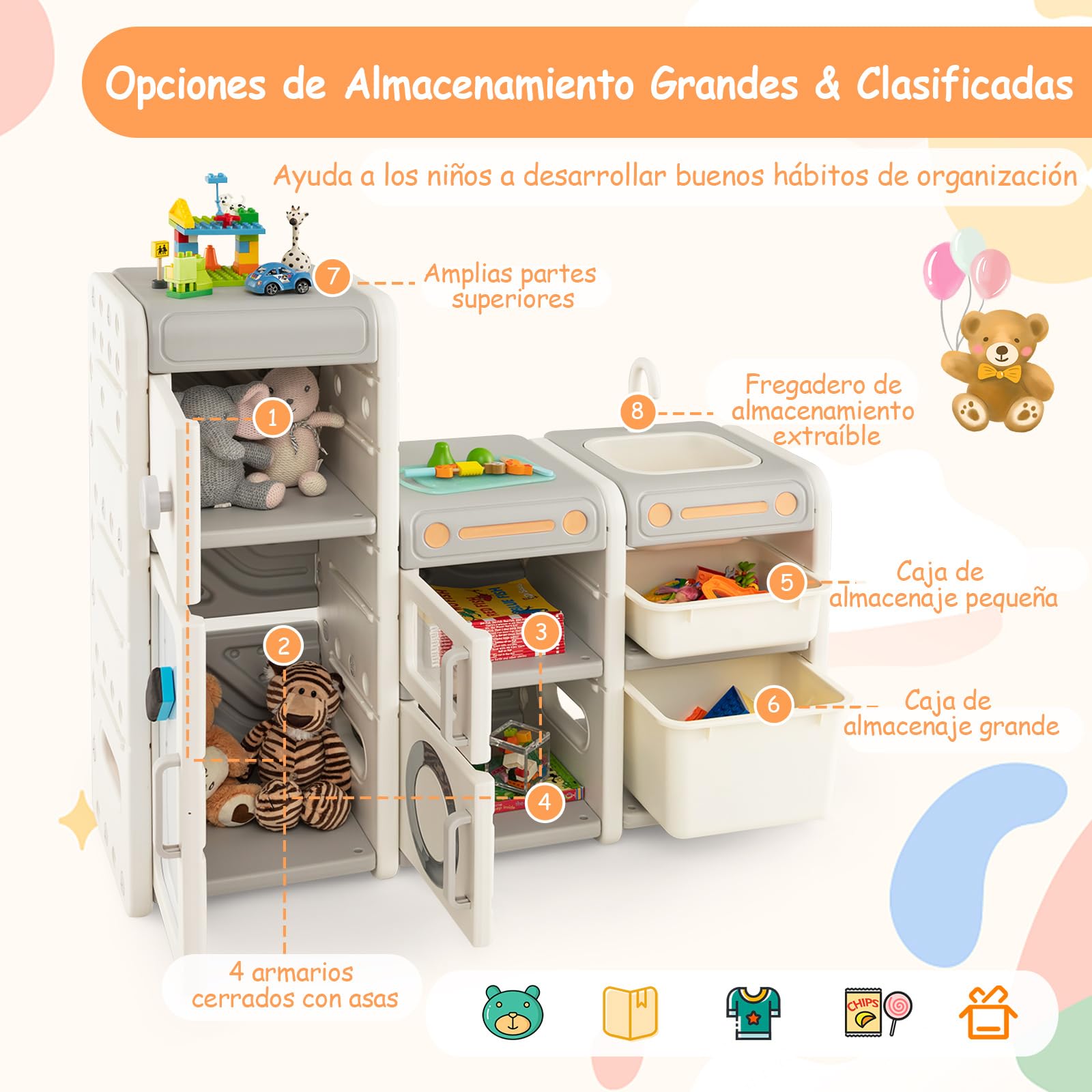 COSTWAY Organizador de Juguetes para Niños, Estantería Infantil para Juguetes con Pizarra Magnética, Fregadero, Grifo Desmontables, Baúl de Juguetes con Armarios Cerrados/Contenedores/Marcadores