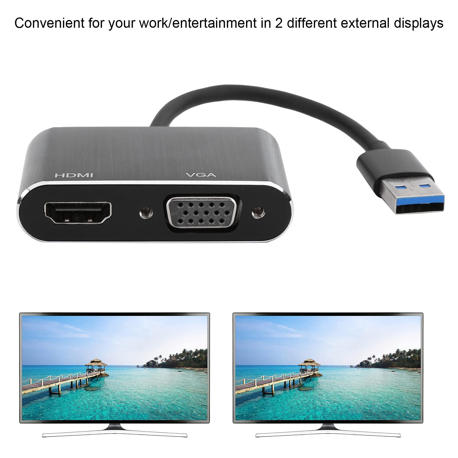 Adapter USB na HDMI VGA, Konwerter USB 3.0 na HDMI 1920 X 1080P, żeński Adapter Wideo 5 Gb/s USB na HDMI i VGA, Plug and Play