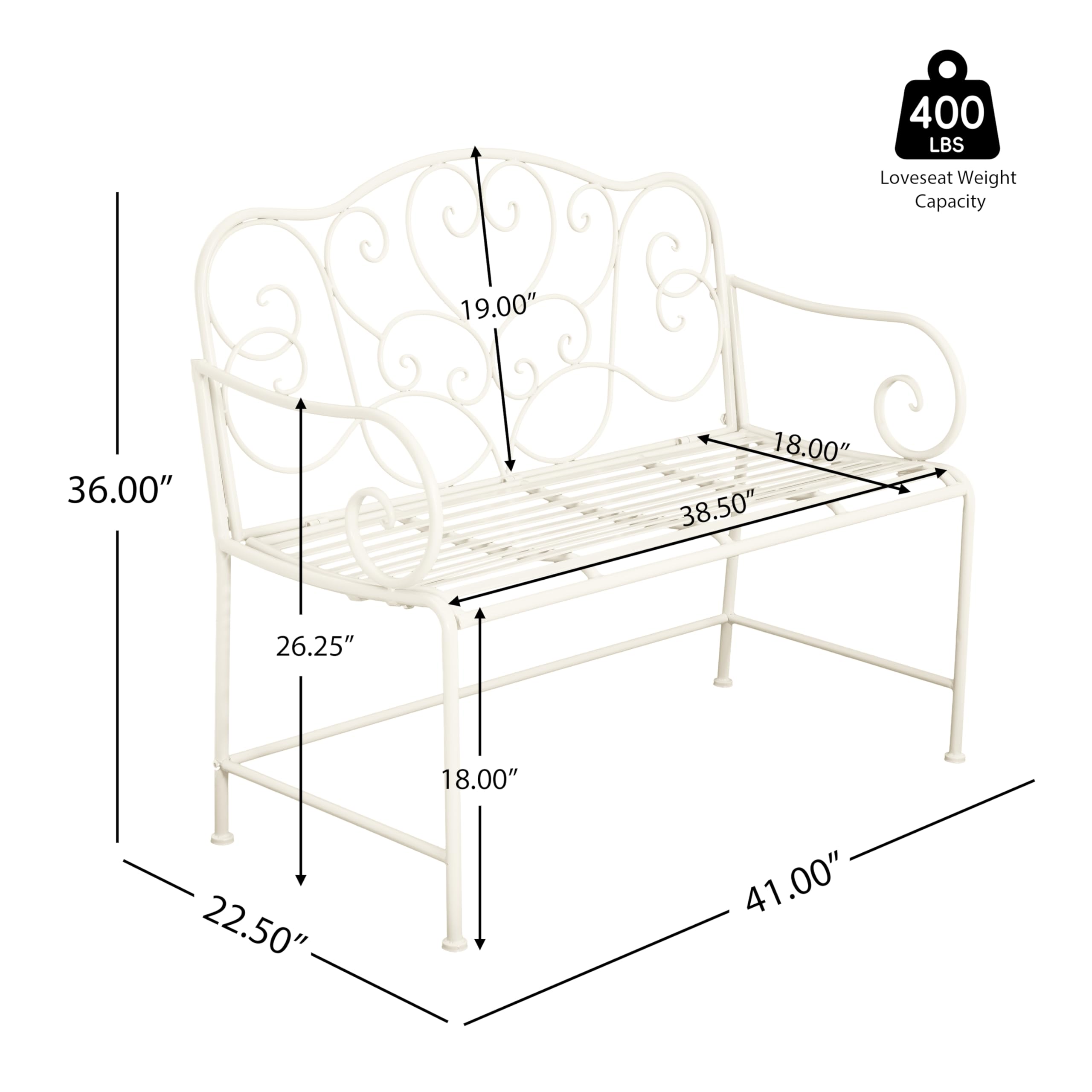 Layon - Banco de jardín de hierro para patio, sofá biplaza para 2 personas, banco de porche/parque con respaldo de diseño floral, asiento de listones, blanco mate 3