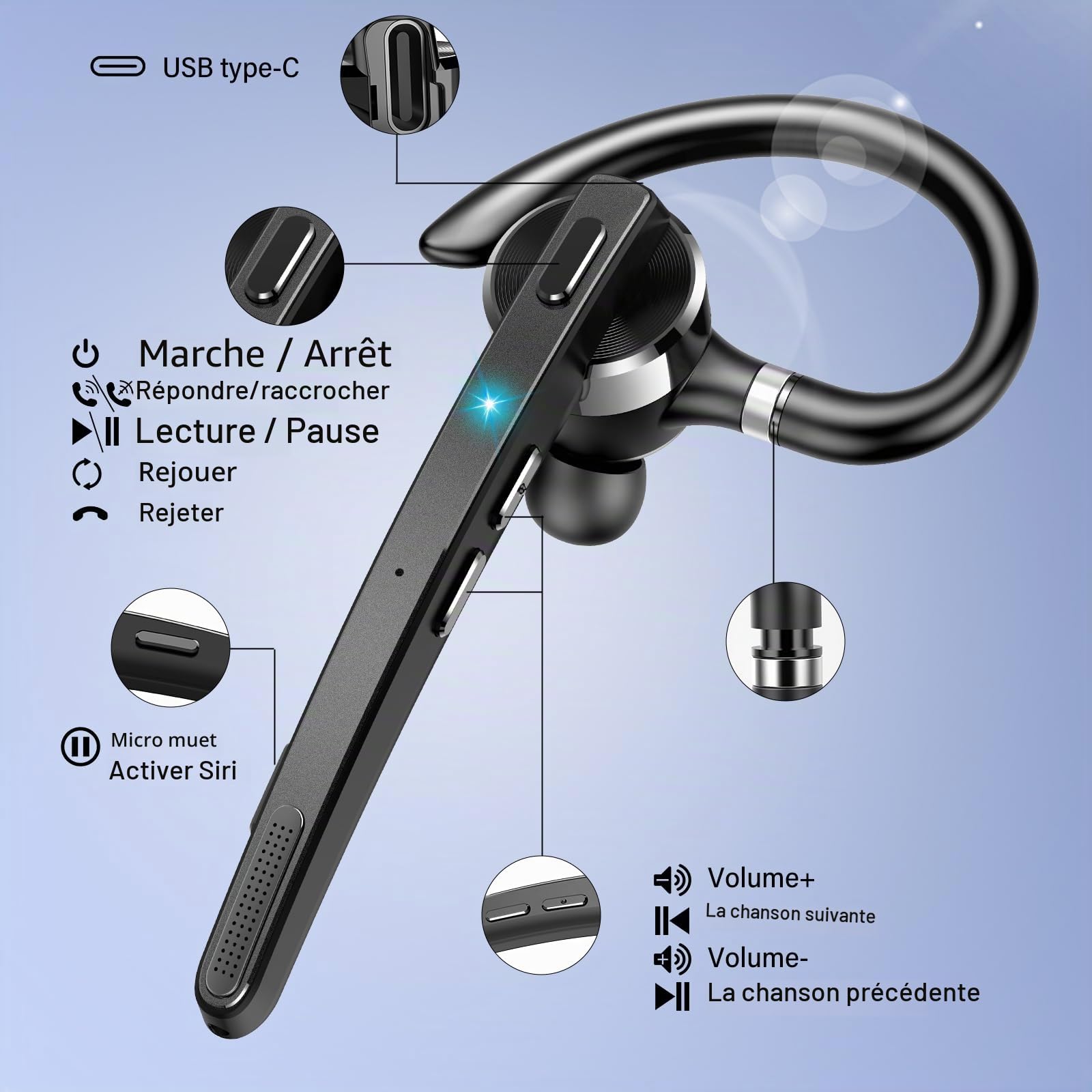 Oreillette Bluetooth sans Fil V5.3, 90H Main Libre Bluetooth Oreillette avec Dual Micro CVC8.0/ENC, Casques sans Fil avec Écran LED, APTX, Mic Mute Connexion de Deux Appareils pour Affaires/Bureau
