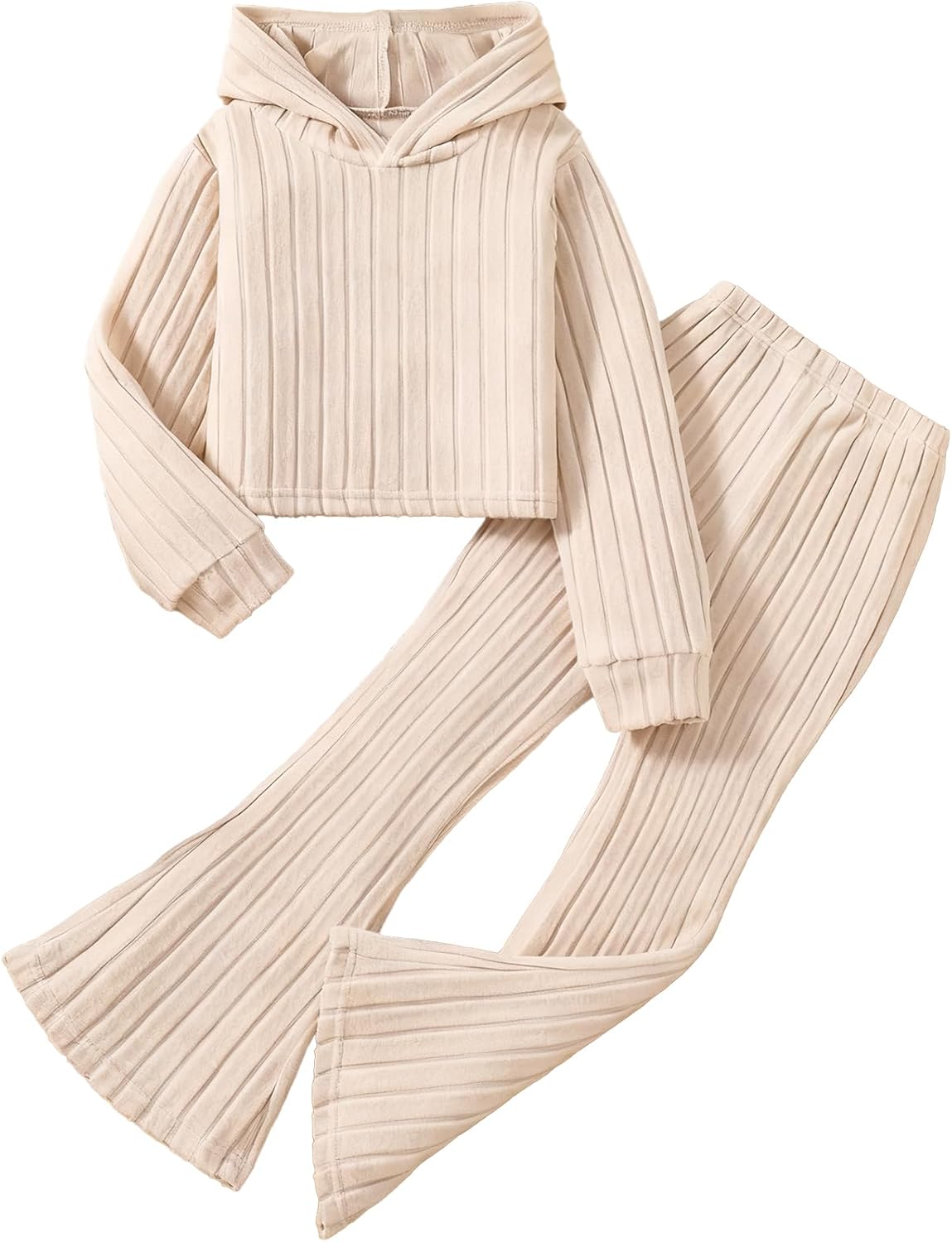 Kid Girls Clothes Set Ribbed Knit Long Sleeve Hoodie Sweatsuit and Flare Pants Set Fall Outfits for 8-12Y
