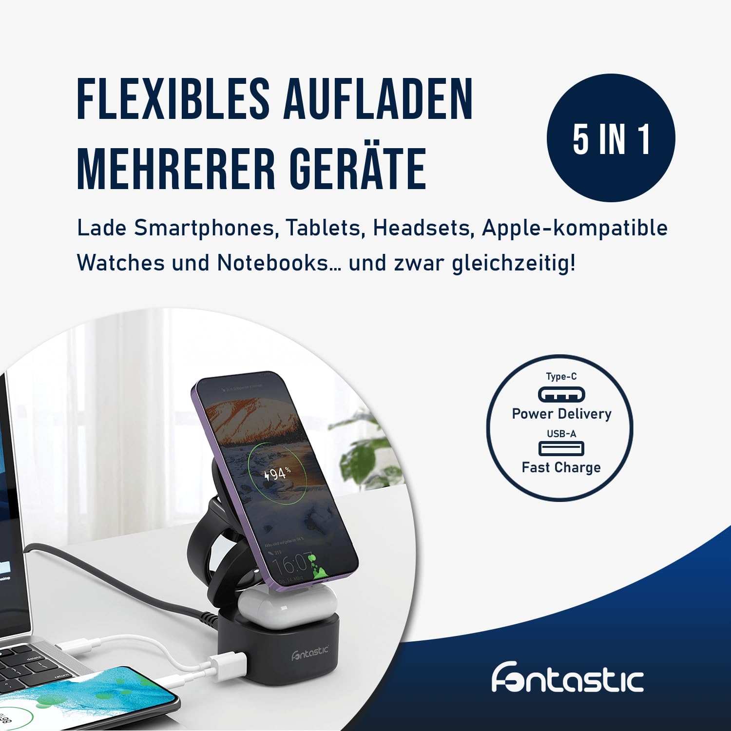 FONTASTIC Qumag induktive Ladestation 65W, Faltbarer Wireless Charger, 5-in-1 kabelloses Ladegerät für Smartphones UVM., Aufladestation mit Fast Charge USB-A und Power Delivery USB-C