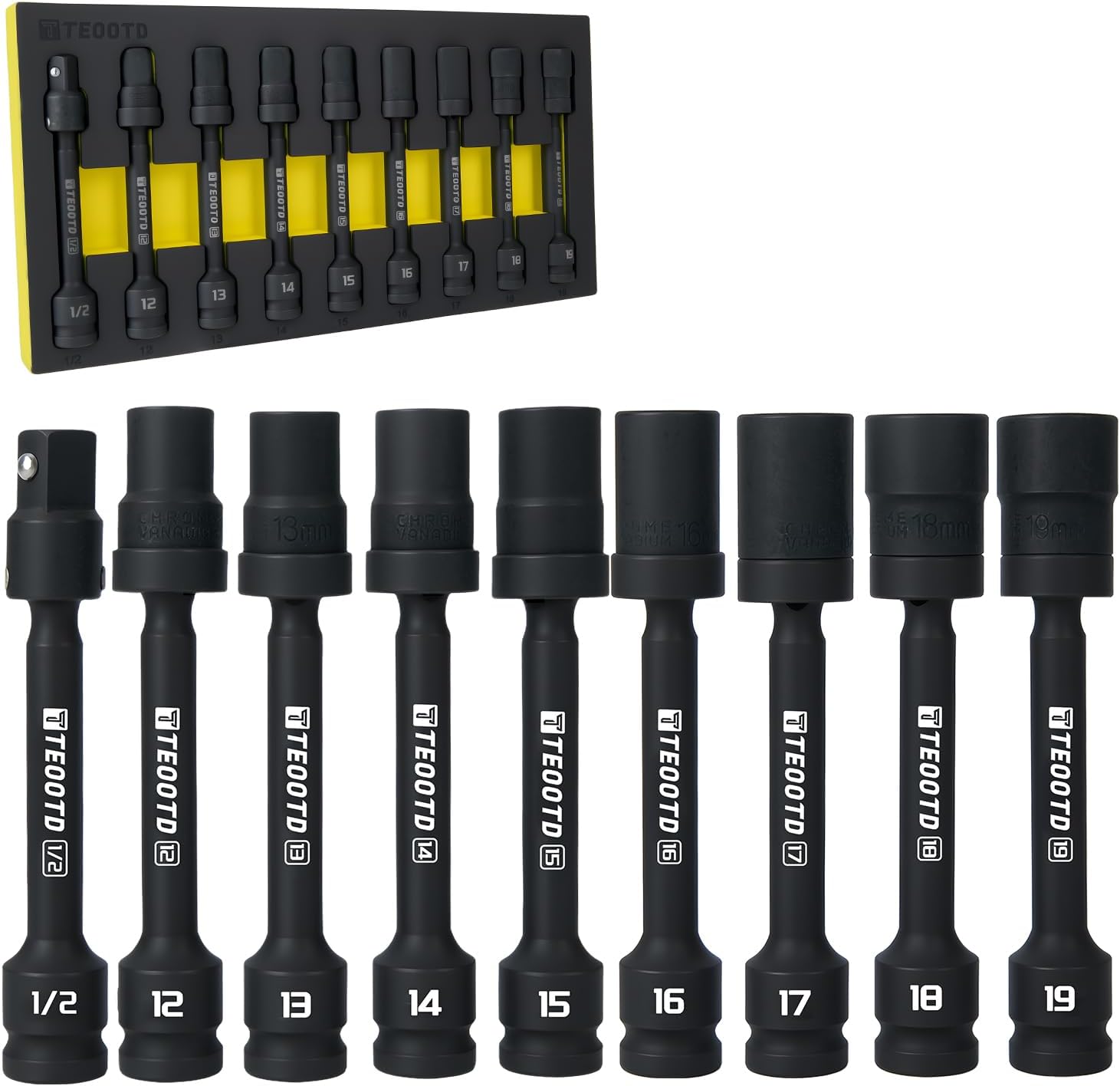 1/2" Drive Swivel Socket Set, 5 Inch Long Swivel Socket Set, 9 PCS Universal Impact Extension Socket, 12-19mm, Wobble Socket with Universal Impact Joint, 6-Point,Metric,Cr-Mo