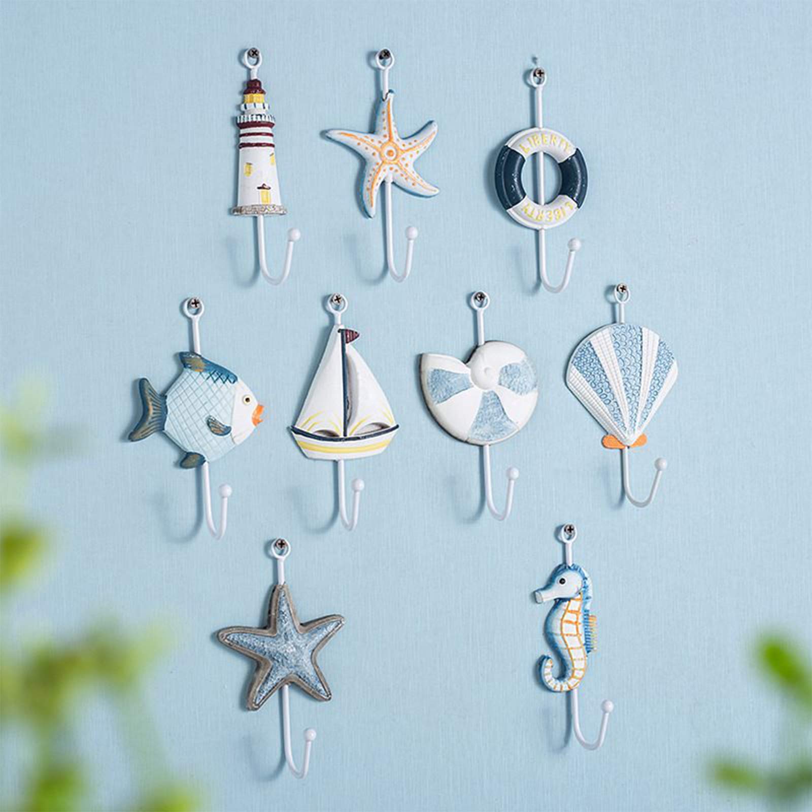 SUPERFINDINGS 5Unids Ganchos Pared Estilo Mediterráneo Madera Tema Marino Gancho Abrigo Decorativo Montado En la Pared Perchero Vida Hogar Forma velero Hippocampus estrella mar pescado