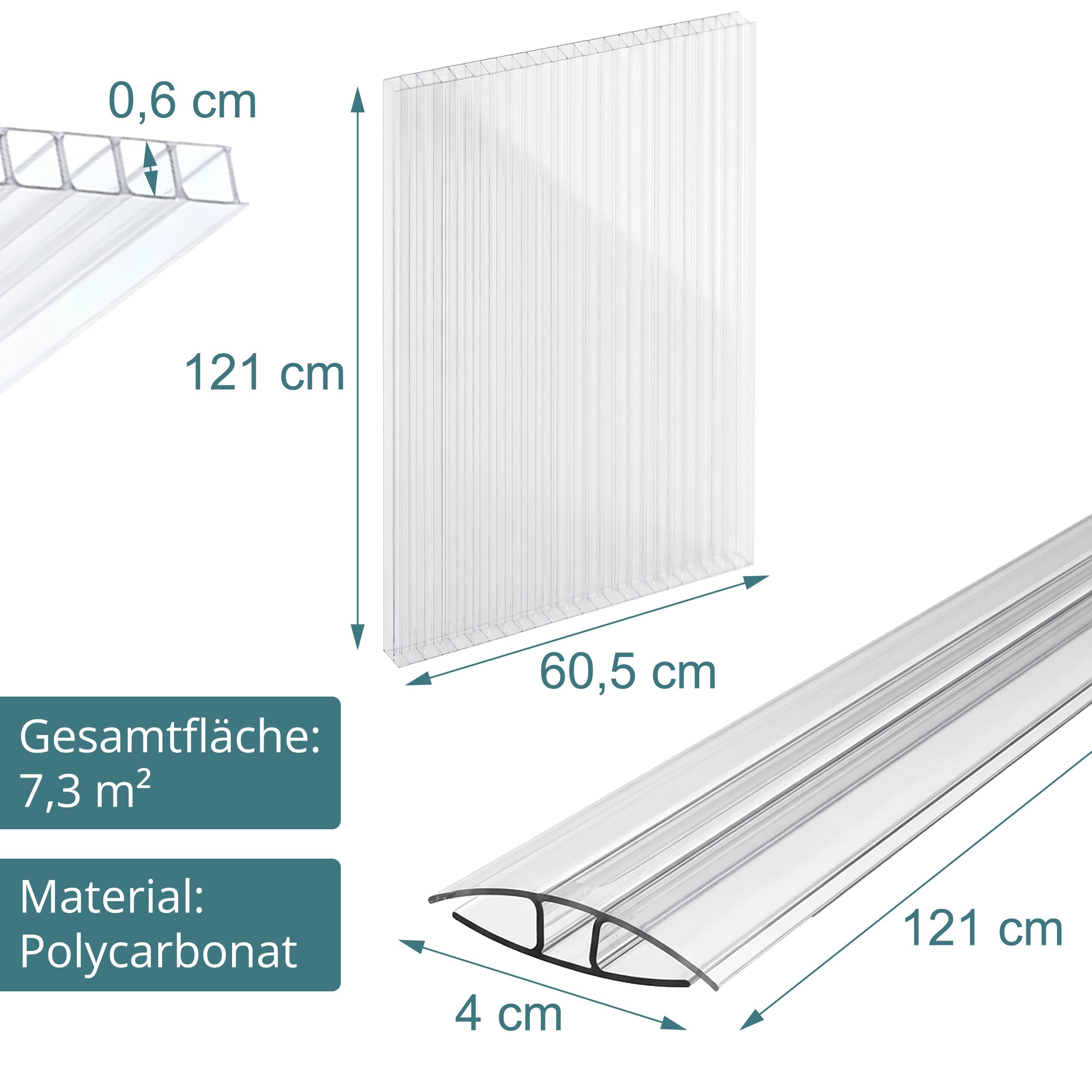 Relaxdays Doppelstegplatten 10er Set, mit Verbinder, Hohlkammerplatten 6 mm, Gewächshaus, HB: 121x60,5 cm, transparent
