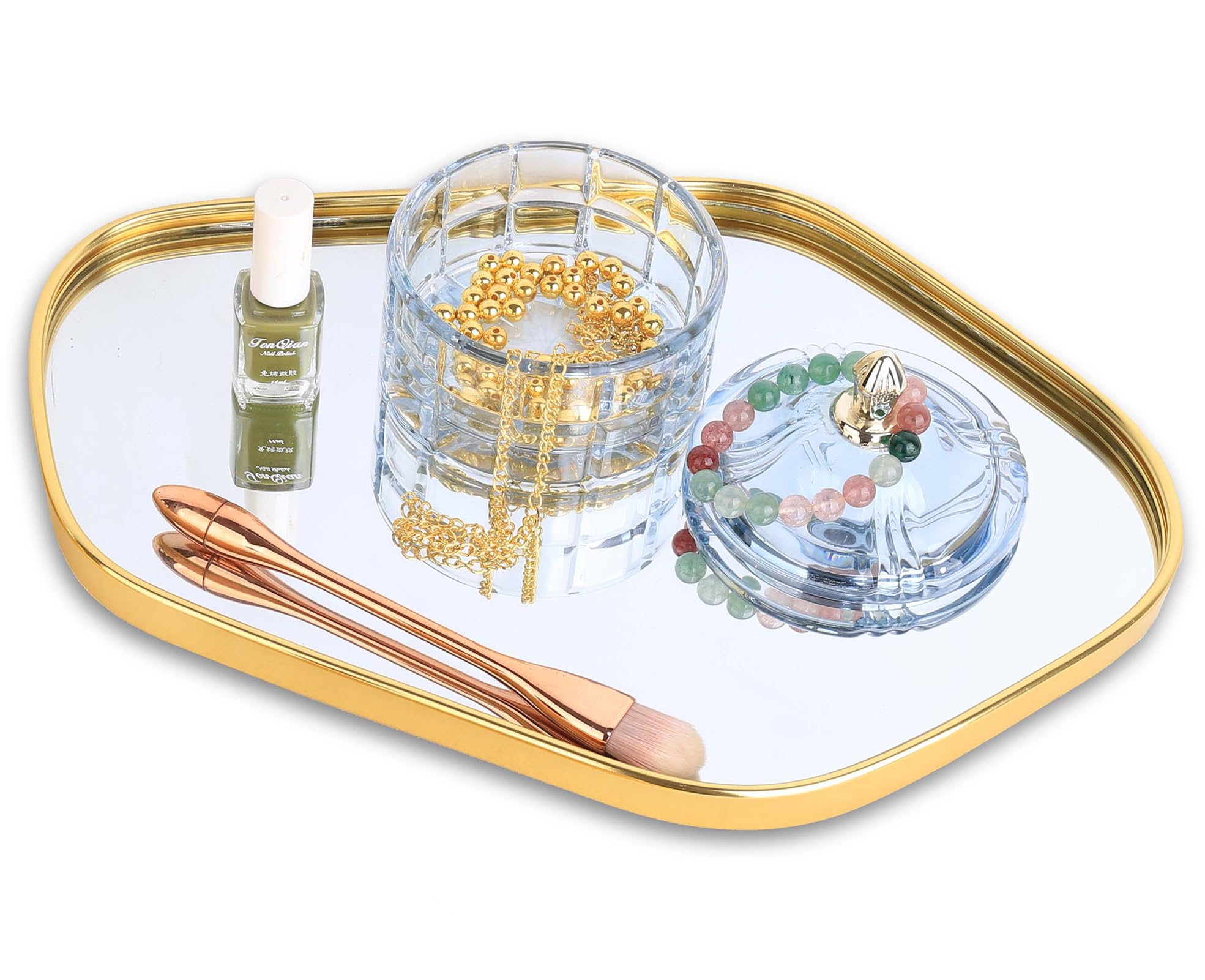 Bandejas de perfume, bandeja de espejo dorada, bandeja decorativa de tocador, organizador de perfume antideslizante en forma de piedra para joyas, baño, mesa de café (grande) 4