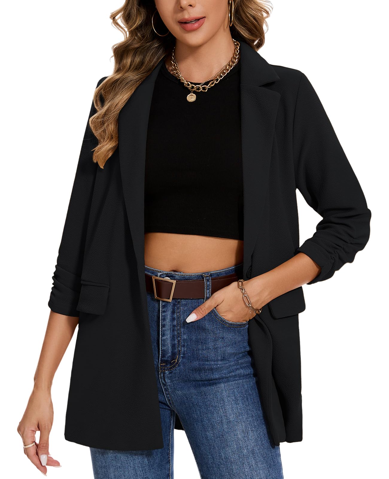 MINTLIMIT Womens Casual Long Blazer 3 4 Ruched Sleeve Lapel Button Front Work Office Blazers Suit Jacket with