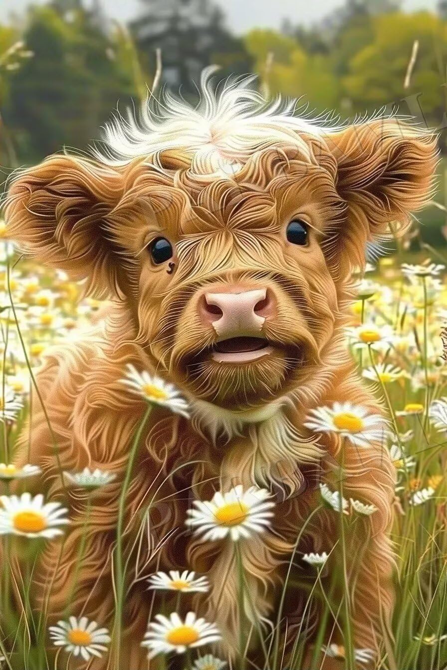Goelilgi Diamond Painting Calf in Flower Field 5d Adults and Beginners Full Diamond Kit Circular Crystal Cross Stitch Art New Hobbies - Home Decor Room Decor 20X24 inch