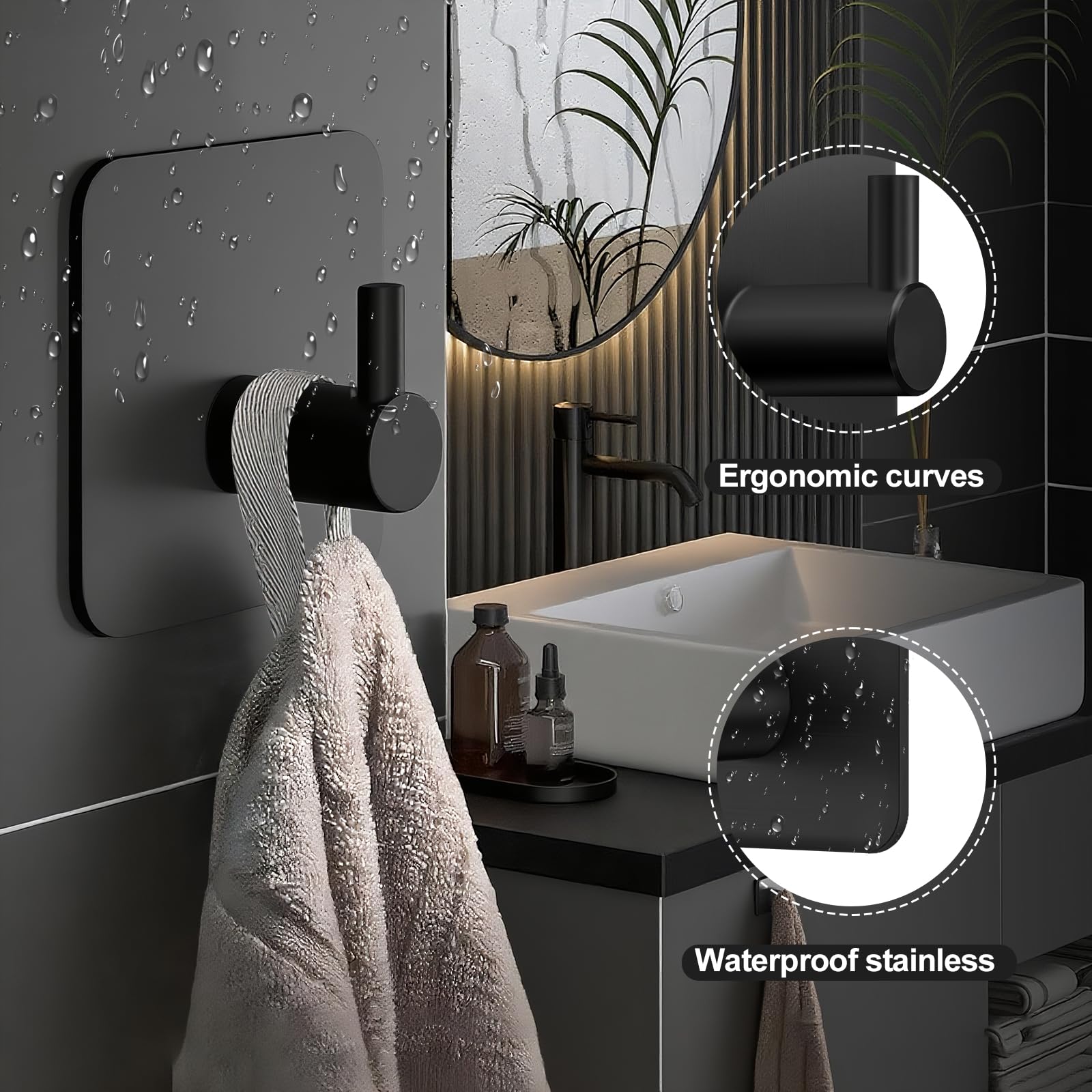 Ganchos Adhesivos para Pared Acero Inoxidable, 4 Piezas Negro, Colgadores Adhesivos, Autoadhesivo Colgador Toallas, Accesorios para Baño Extrafuertes y Sin Taladro, Multi-Uso para Llaves y Ropa