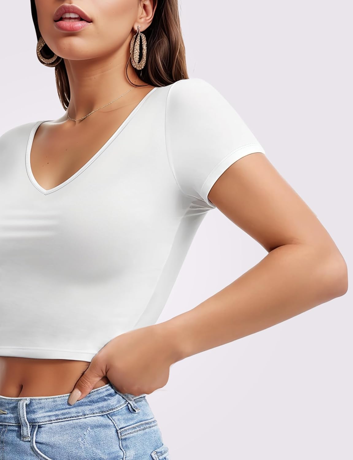 Short Sleeve V Neck Crop Top for Women Soft Workout Shirt Going Out Tops Sexy Slim Fitted Casual Base Layer Lightweight - Image 2