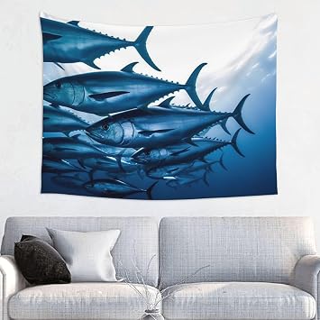 WSOIHFEC Tapestry Wide Wall Hanging Blue Tuna Group Tapestry Vintage Lightweight Wall Blanket Funny Tapestry Wall Art Home Decor Soft Mural for Bedroom Dorm Living Room 29 X 37 Inch