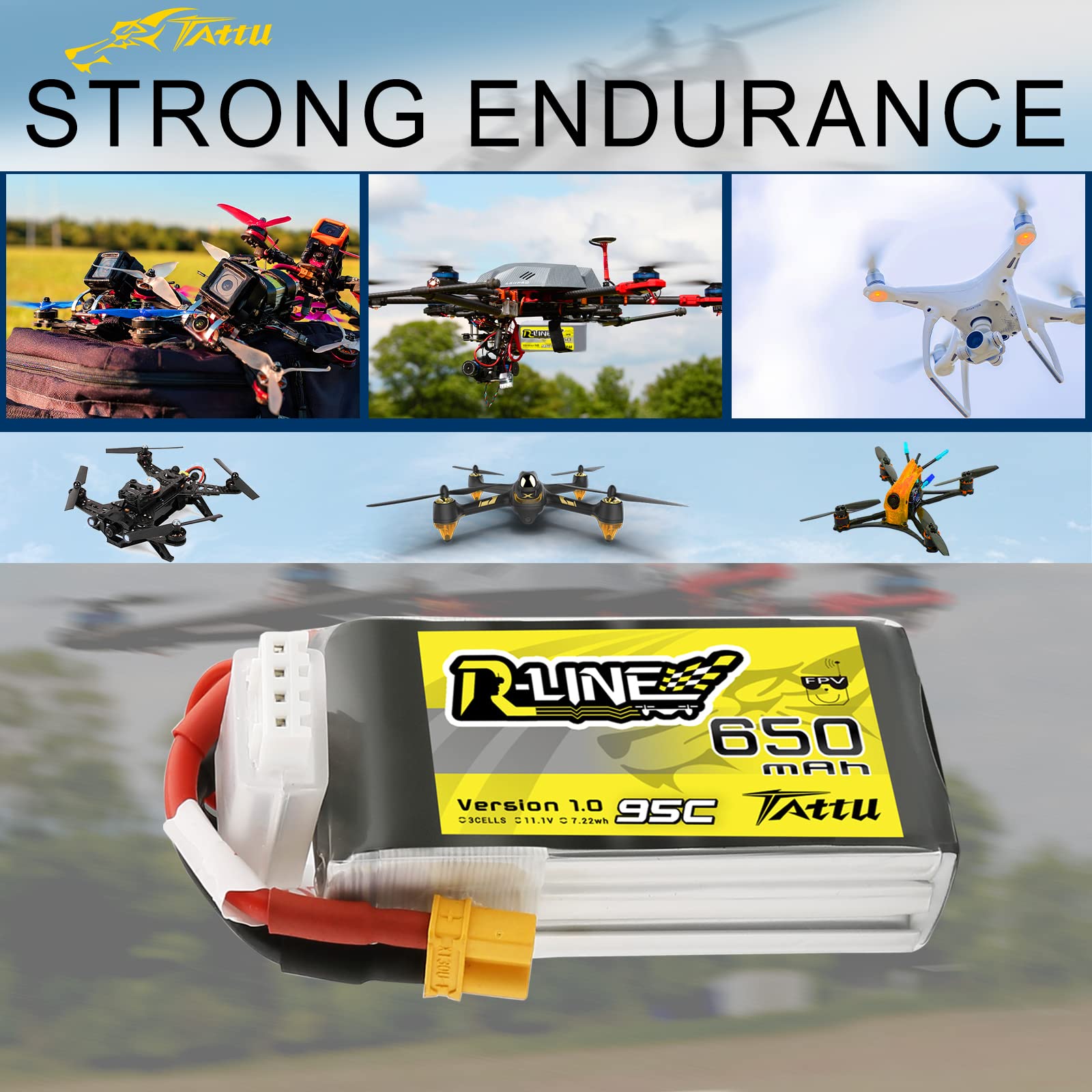 Tattu 3S Lipo Battery 11.1V 650mAh 95C Soft Case R-Line Lipo Battery Pack avec connecteur XT30 pour UAV Drone FPV Racing RC Quadcopter multirotor de Taille 100 à 180