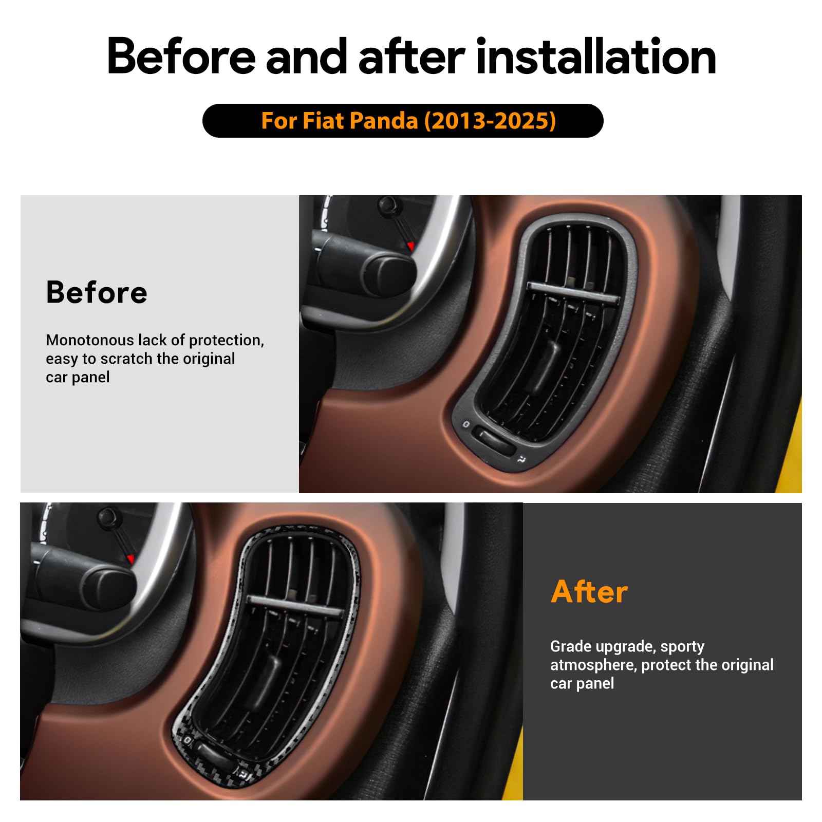 KUNGKIC Per Fiat Panda 169 319 2013-2025 in fibra di carbonio, console centrale auto, cruscotto, entrambi i lati, telaio di scarico dell'aria, adesivo per interni, accessorio decorativo, regalo (nero)
