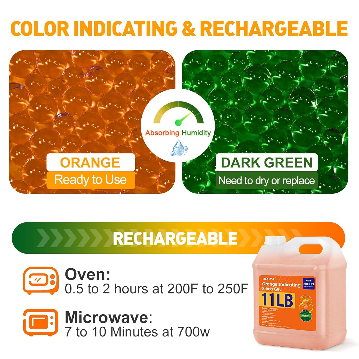 11 LBS Orange Indicating Silica Gel Desiccant Beads,(Industry Standard 3-5 mm) Rechargeable Silica Gel Beads for 3D Filament, Electronic Devices, Camera, Jewelry, Safe(30PCS Organza Bag)