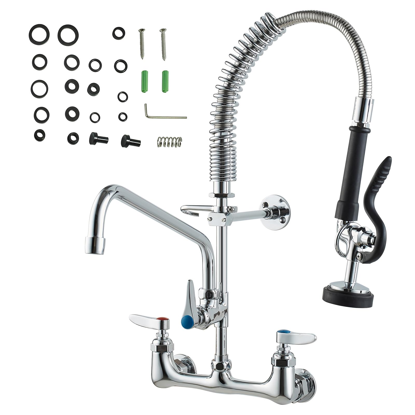 VEVOR Grifo Comercial con Rociador de Preenjuague, 53,34 cm de Altura, 20,32 cm de Centro, Caño Oscilante, Grifo para Fregadero de Cocina de Montaje en Pared, Dispositivo Construido en Latón