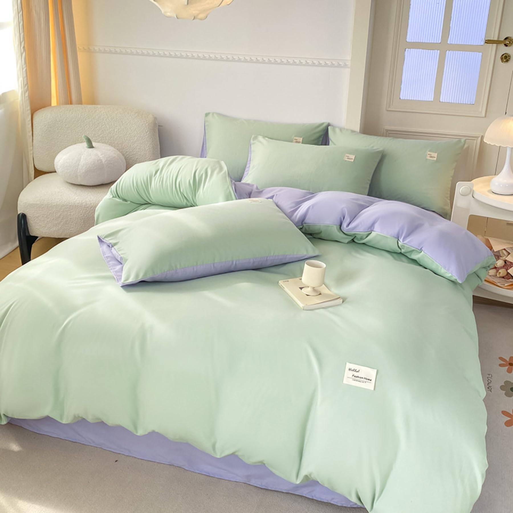 Parure de lit 4 pièces en coton vert Twin avec housse de couette réversible et drap