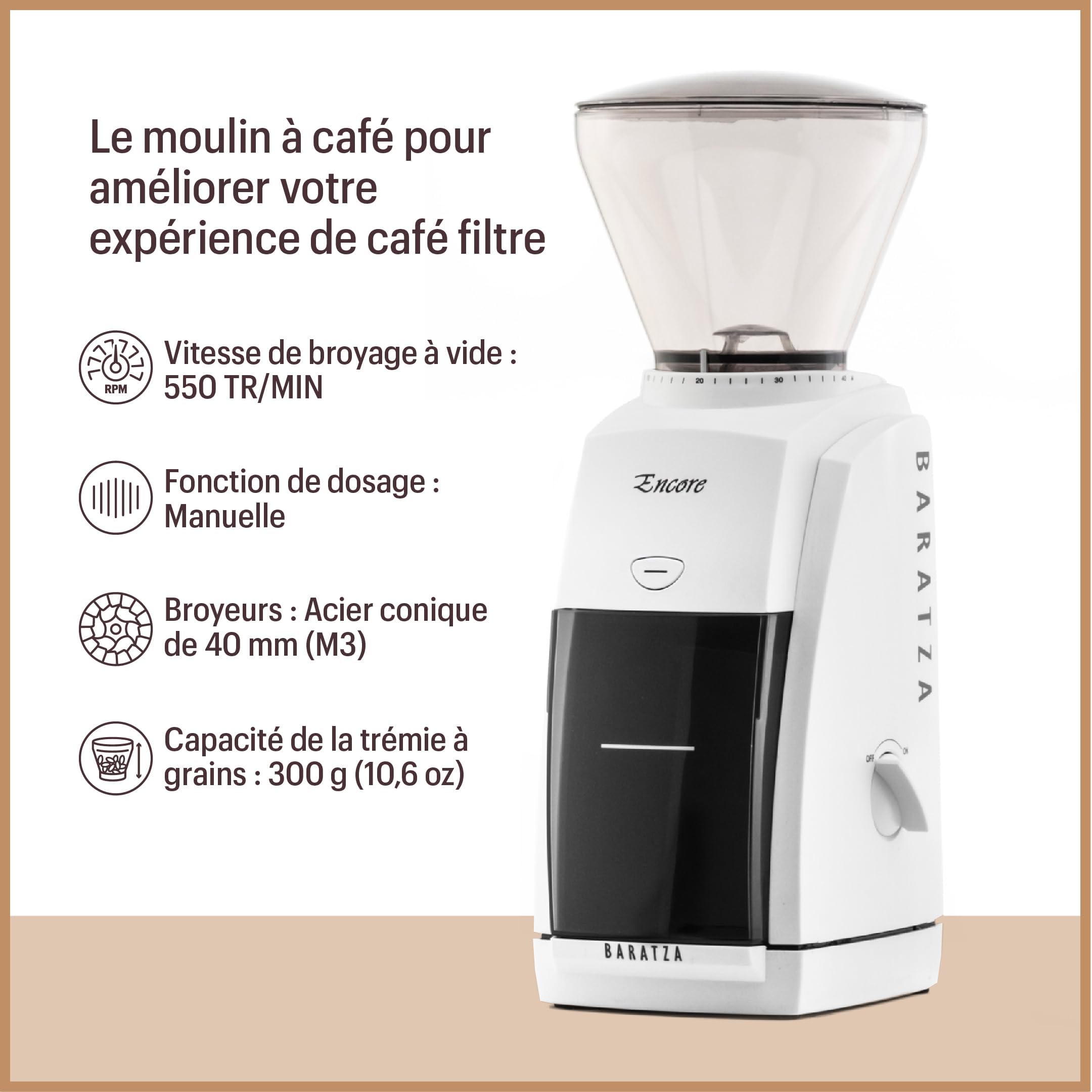 Baratza - Moulin à café Encore 230V - Moulin électrique - 40 Réglages de Mouture Individuels, Broyeur Cafe Grain, Accessoires pour Barista - Blanc