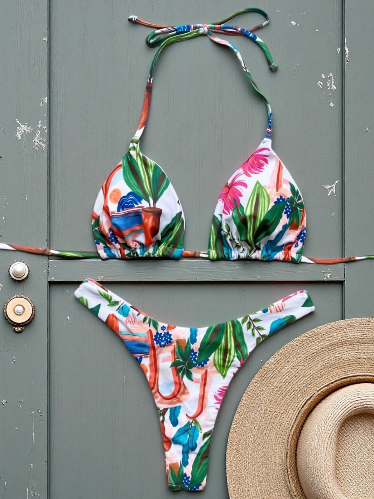 Set Bikini Donna Donne Tropicale Paesaggio Floreale Due Pezzi Regolabile Cravatta Triangolo Alto Taglio Capriccioso Costume da Bagno per La Spiaggia PisChina