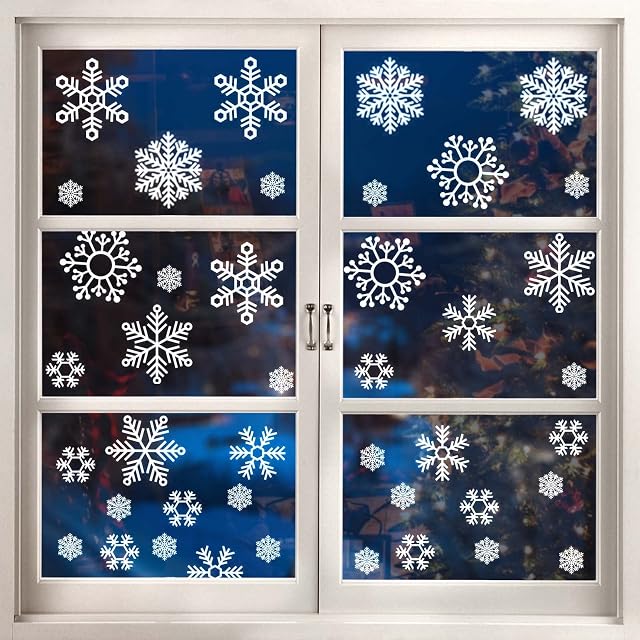 KEPLIN 57 Christmas Window Stickers, 3 sheets, Home Decoration Cling Stickers, Snowflake Unique Designs Stickers for Xmas Decoration