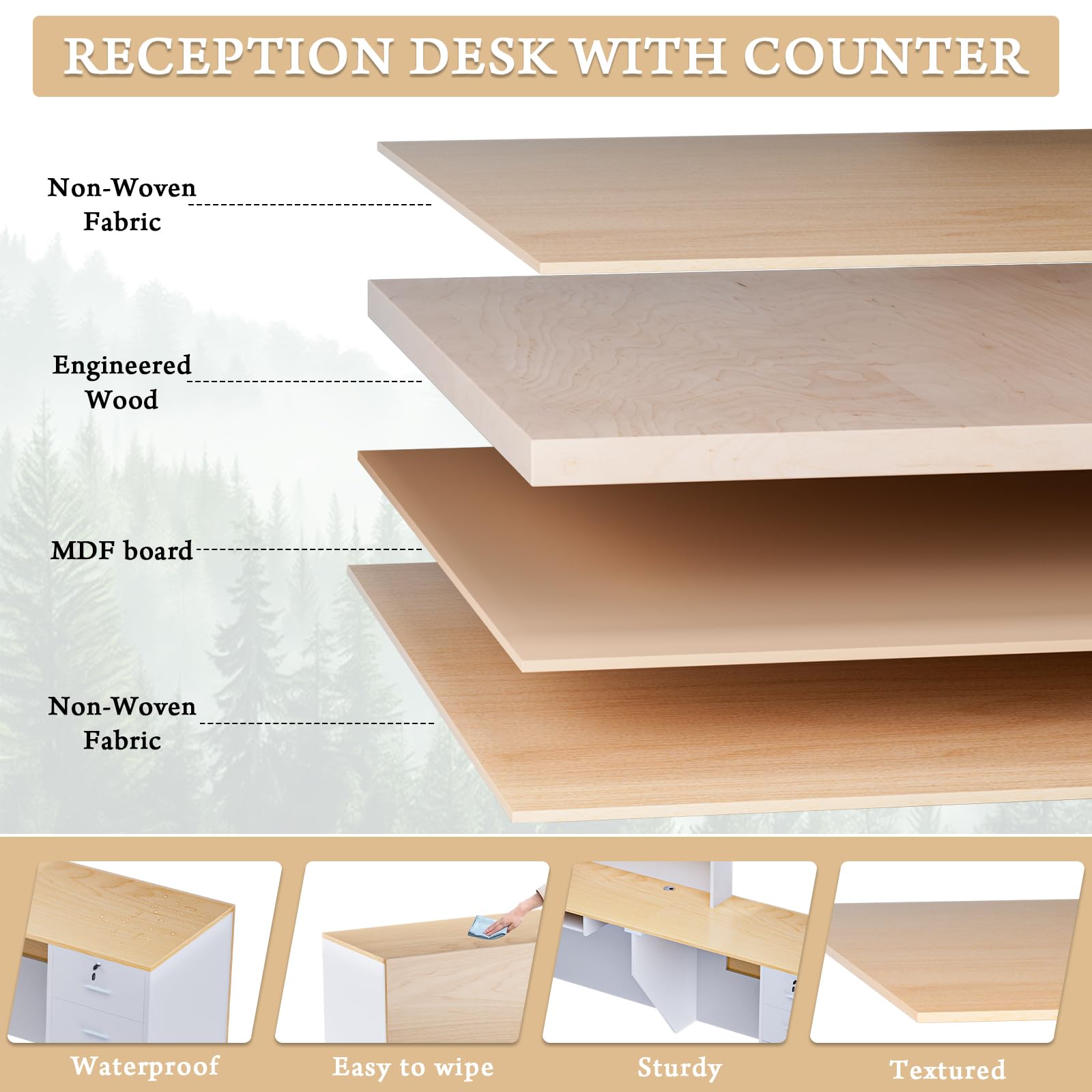 Escritorio de recepción grande de madera en forma de L, moderno mostrador de recepción con cajones con cerradura y bandeja de almacenamiento y teclado, para pagar, vestíbulo (madera natural izquierda