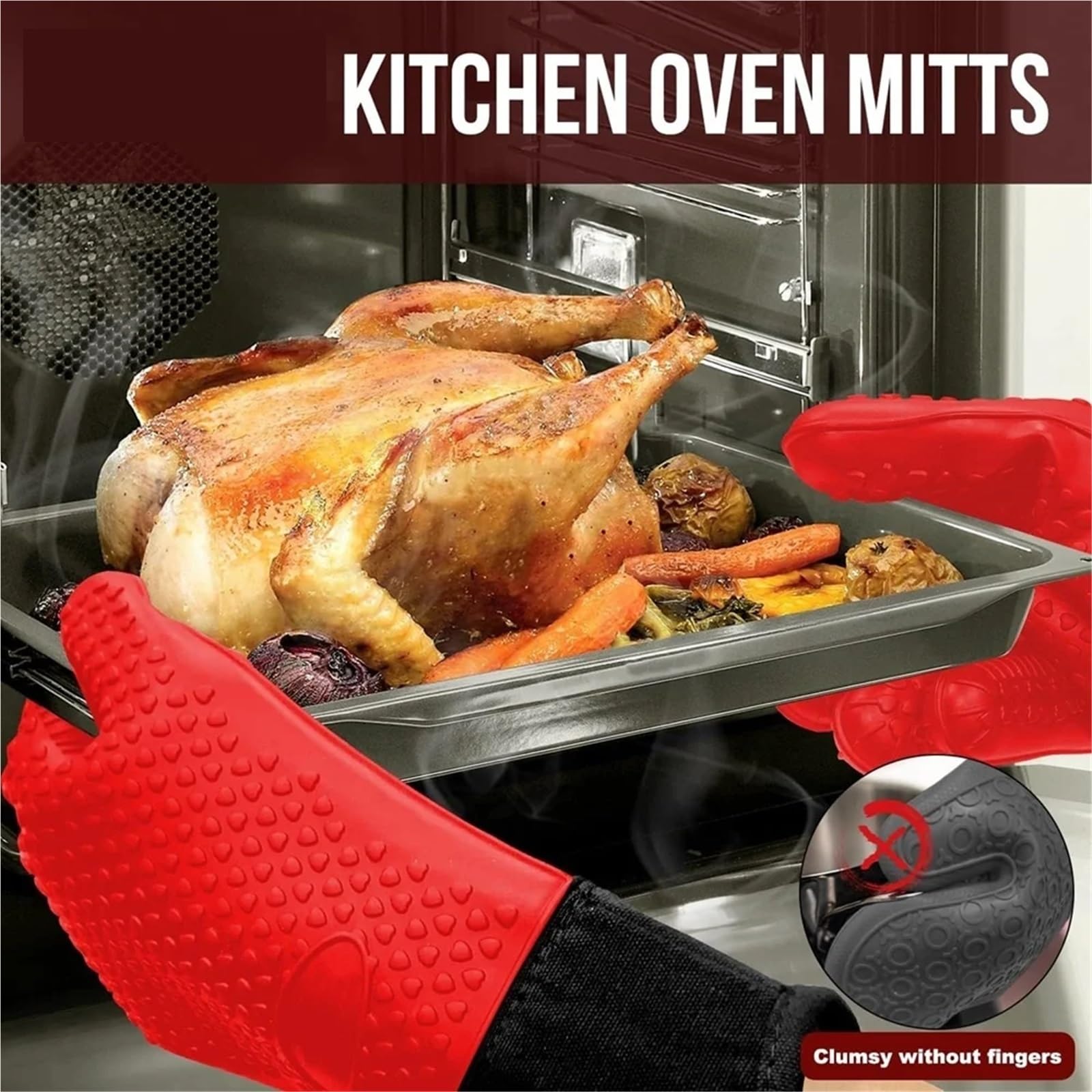 Guantes Largos Y Gruesos De Silicona Antideslizantes, Resistentes Al Calor, Manoplas For Horno Microondas, Cocina, Barbacoa, Hornear, Cocinar, Lona, ​​Costura, For para Barbacoa(Red Pair)