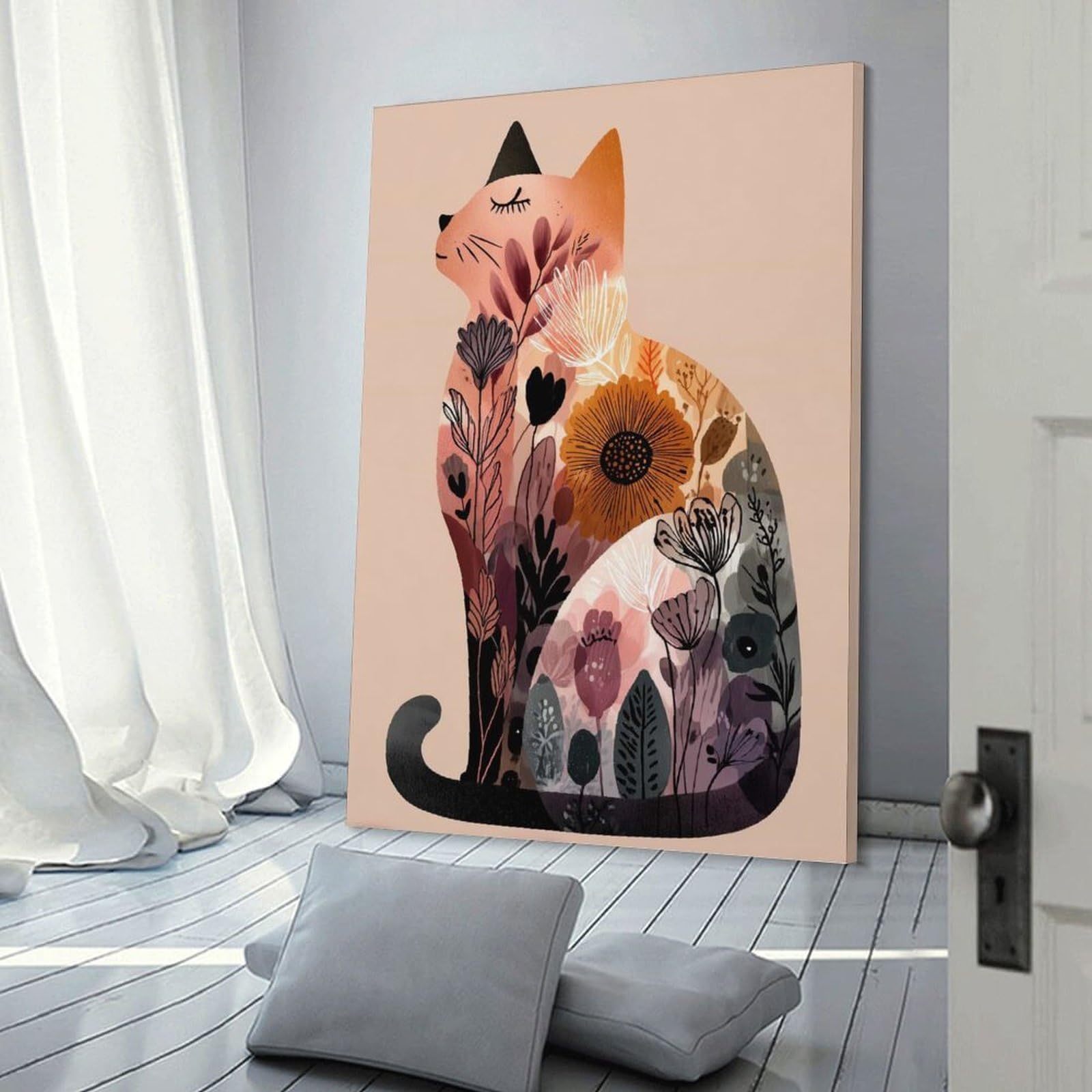 Junmoney Canvas Wall Picture Floral Cat Illustration, 24x36inch(60x90cm), for Office, Study Or Home Workspace, Canvas Wall Decor for Creative Rooms