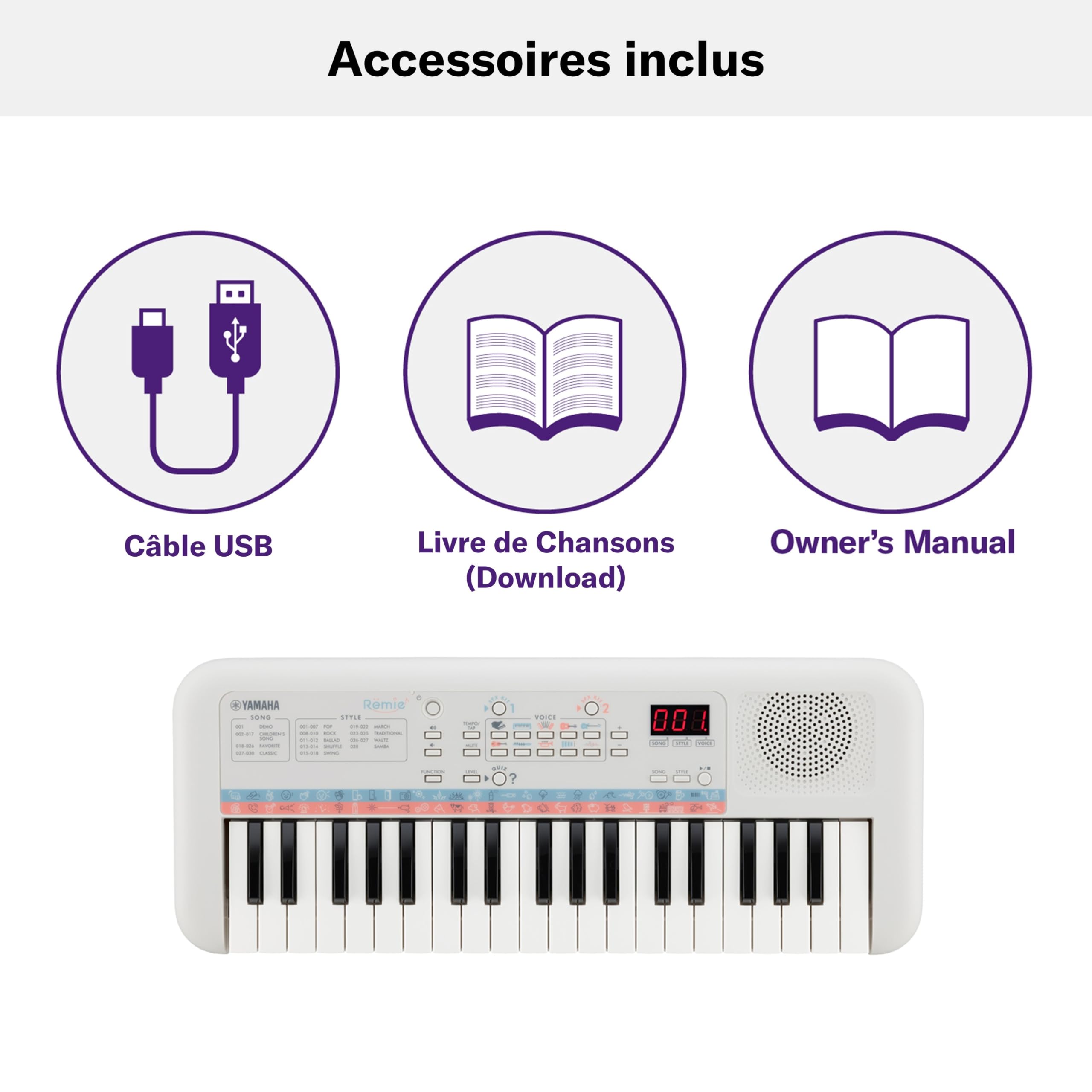 Yamaha Remie PSS-E30 – Clavier Mini Touches – Clavier d'initiation léger et portable pour enfants – Avec sonorités et bruitages intégrés – Blanc