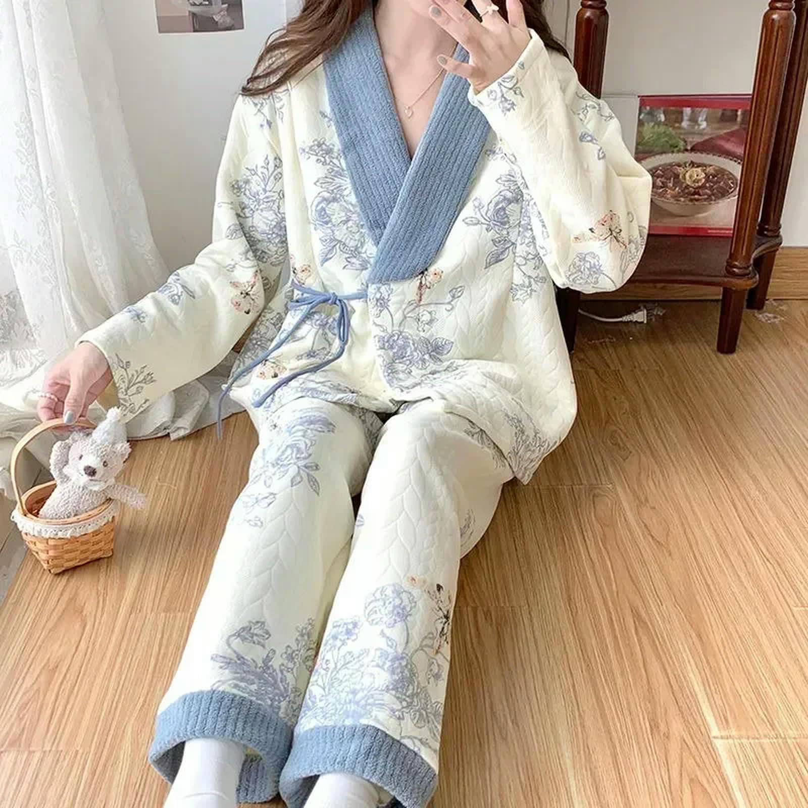 Rinde Pigiama in Pile Fuzzy Vestiti di Cotone Aria in Due Pezzi A V-Collo di Casa Autunno Autunno Donna Calda Pigiama Invernale