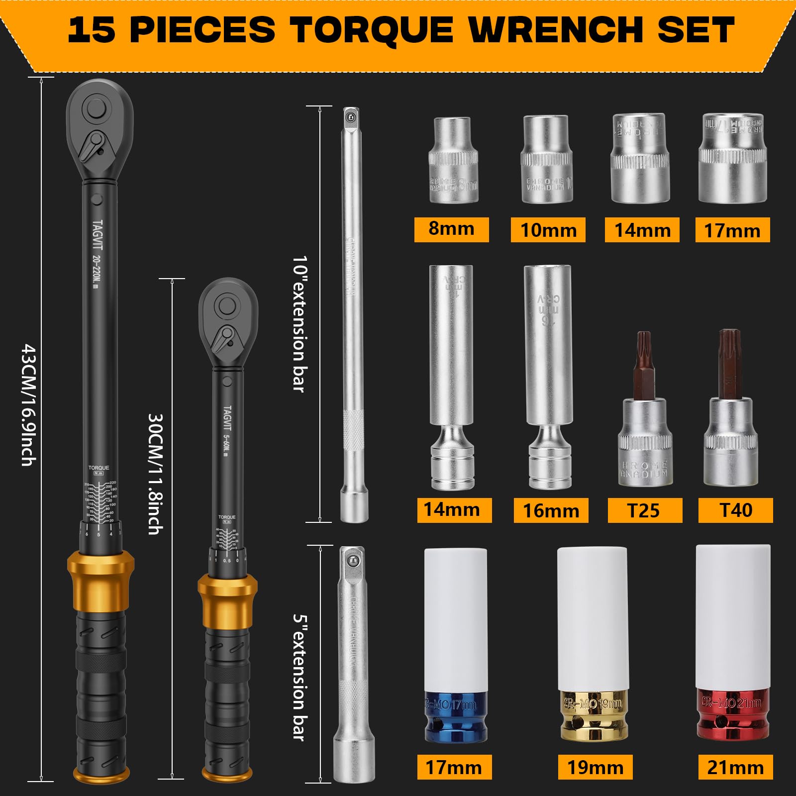 Klucz dynamometryczny 1/2" i 3/8", 5-60 Nm, 20-220 Nm, dokładność ± 3%, 15 szt. Zestaw kluczy dynamometrycznych z przedłużeniem, okulary ochronne do pneumatyki, świece zapłonowe, bity, kubki