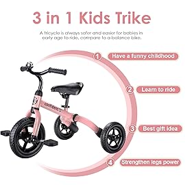 YGJT 3 in 1 Tricycle for Toddlers Age 2-5 Years Old, Folding Kids Balance Bike with Adjustable Seat and Removable Pedal, Toddler Bike Ride-on Toys for Infant, Gifts for Baby Girls Birthday(Pink)