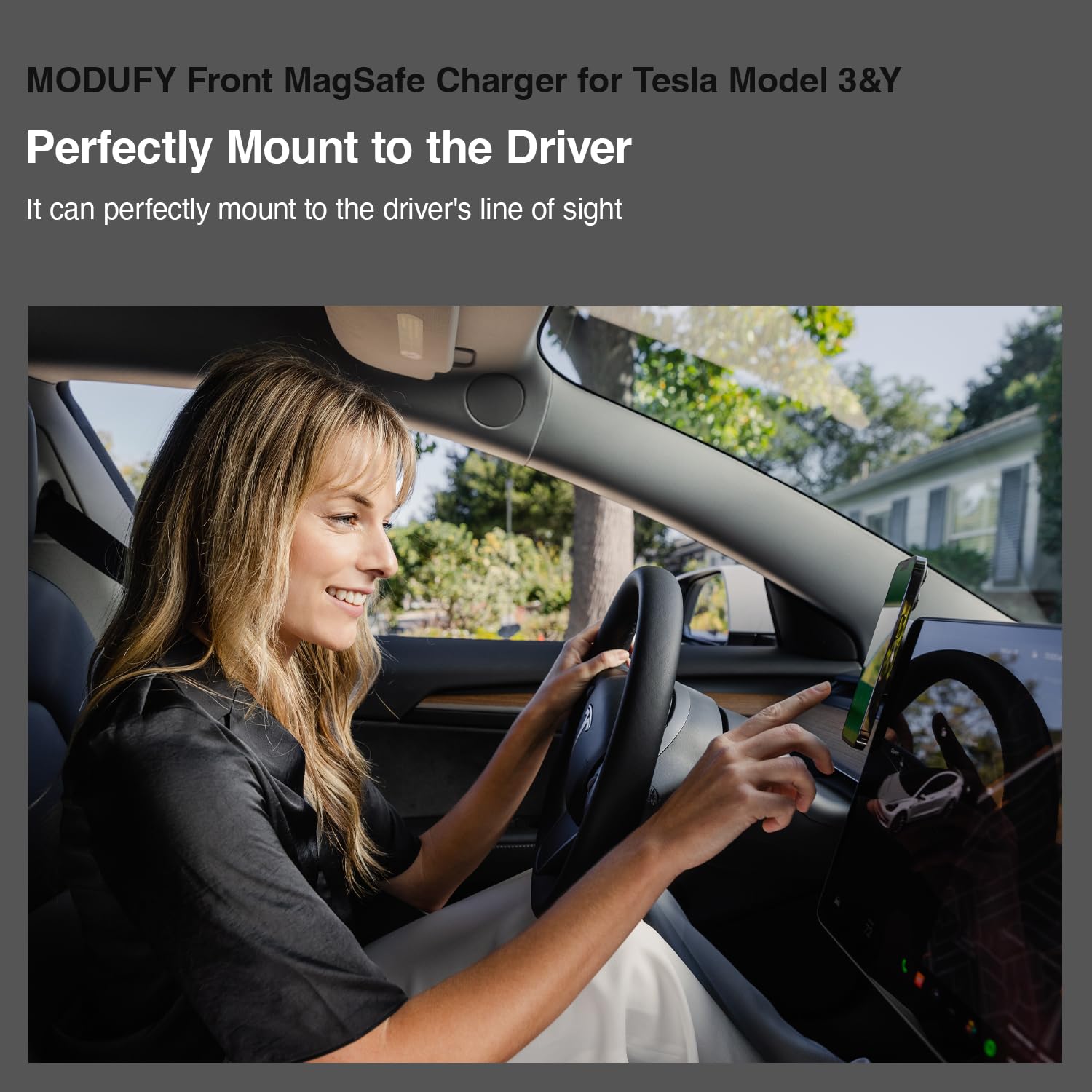 MODUFY Front MagSafe Charger for Tesla Model 3 & Model Y Tesla Phone Holder Car Mount 15W Magnetic Fast Charging Wireless Left Handle