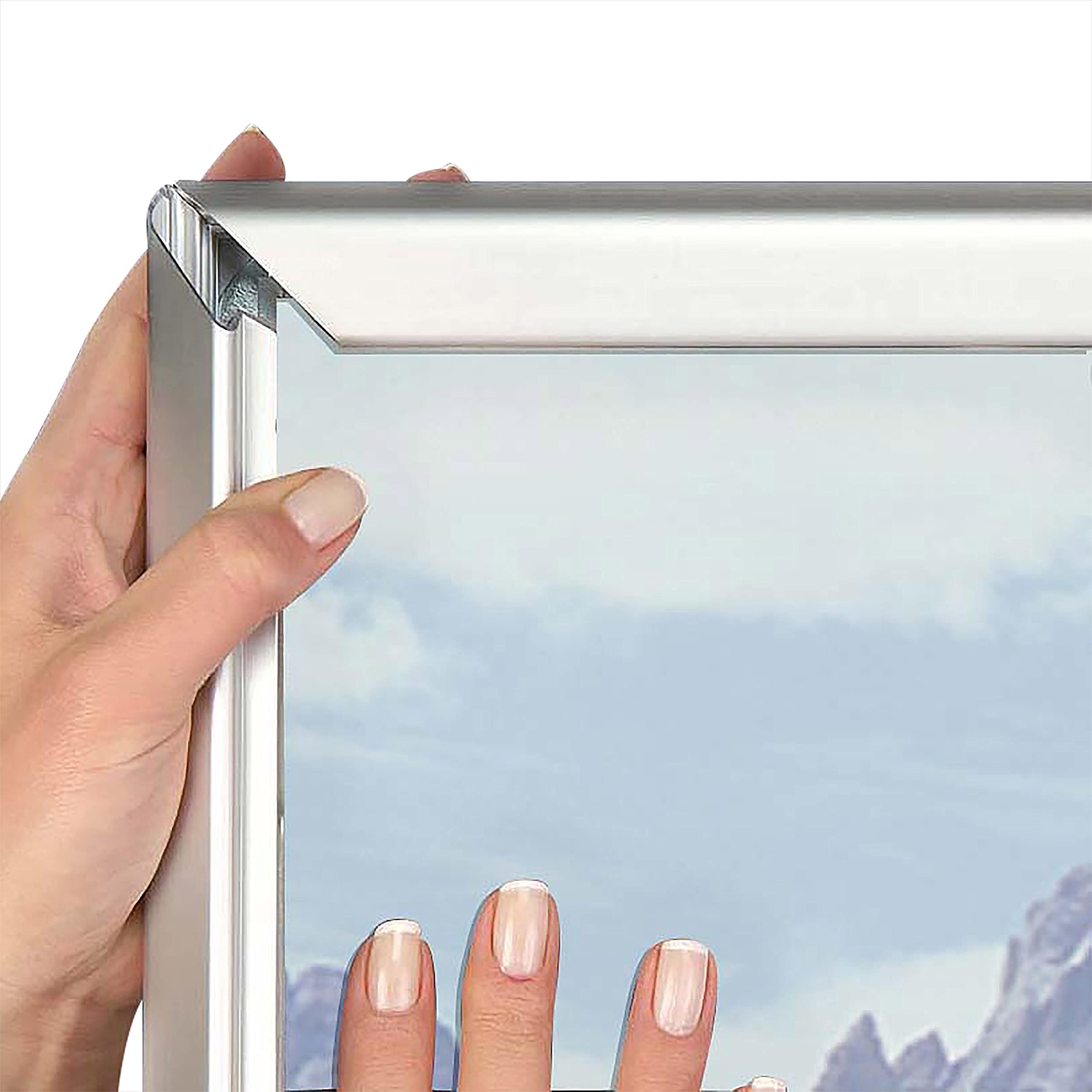 M&T Displays Marco de póster plateado de 1.25 pulgadas, perfil de aluminio de carga frontal, montaje en pared, fotos, documentos, certificados, soporte para carteles, esquinas ingletadas, cubierta