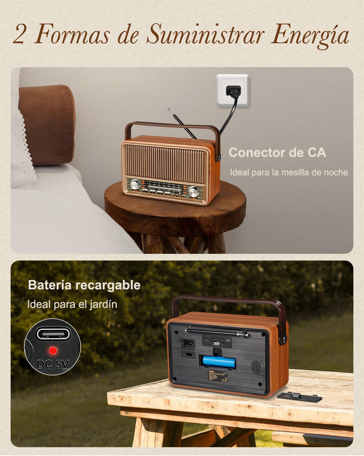 PRUNUS J-120 Radio Vintage Retro FM/AM/SW Portable Bluetooth 5W 1800mAh Recargable