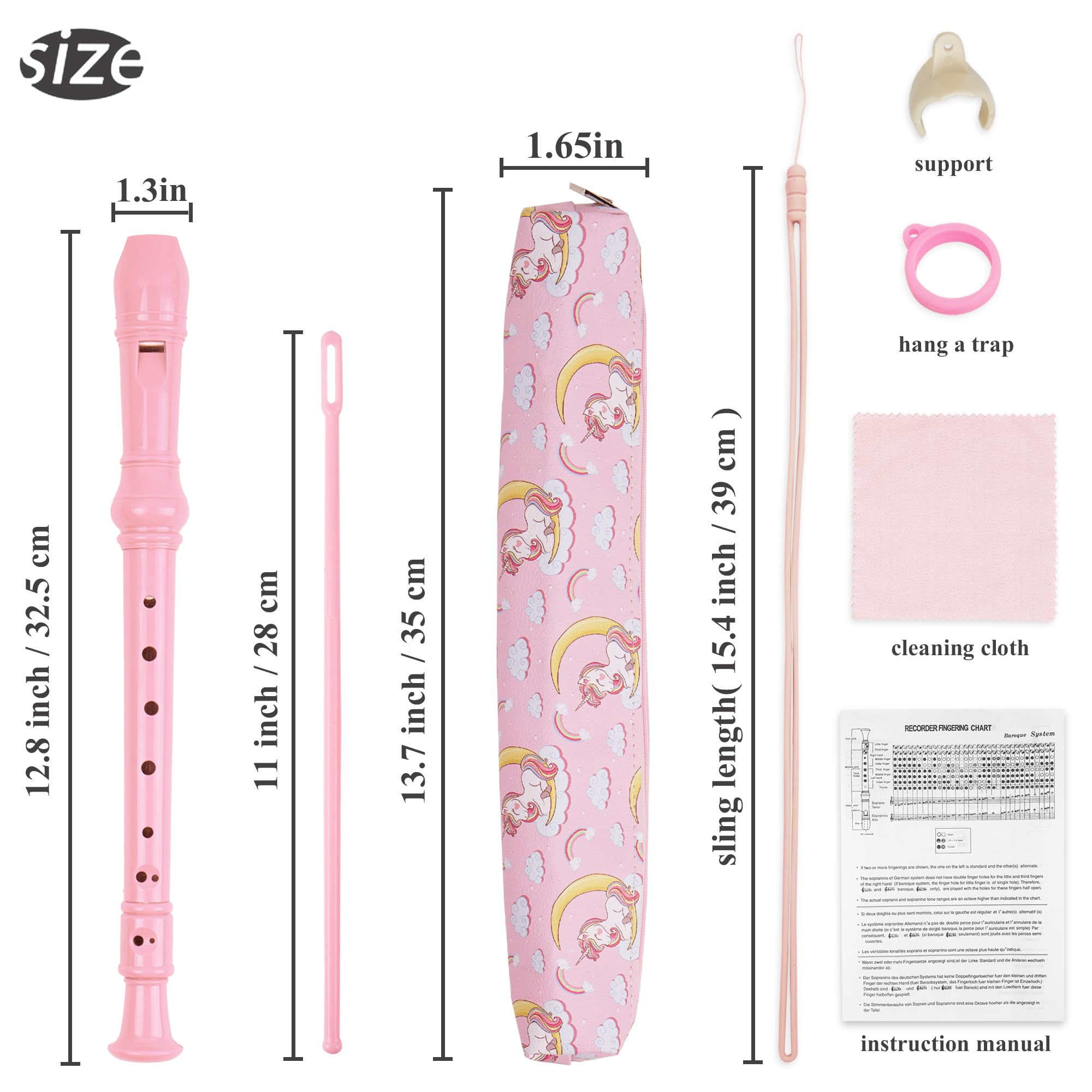 Flûte à bec soprano,avec sac en cuir pu, tige de nettoyage et tableau des doigtés,Chiffons de nettoyage,pièges à main,supports,lanières(6-La Licorne rose)