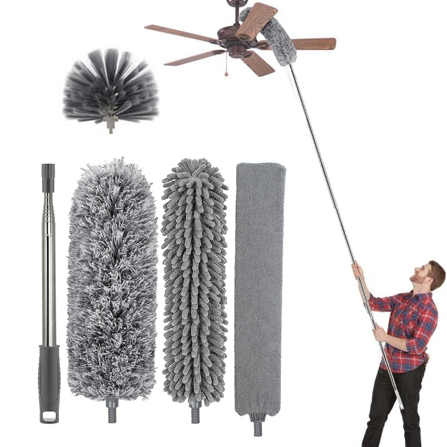 AiheArron Microfiber Feather Duster Extendable Duster with 100" Extra Long Pole, Bendable Head & Long Handle Dusters for Cleaning Ceiling Fan, High Ceiling, Blinds, Furniture & Cars (5pcs set)