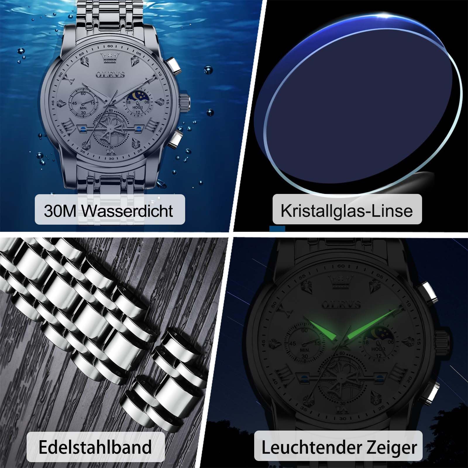 OLEVS Uhren Herren Chronograph Wasserdicht Analog Quarz Uhr Herren Mode Lässig Business Leuchtend Edelstahl Großgesicht Herrenuhr