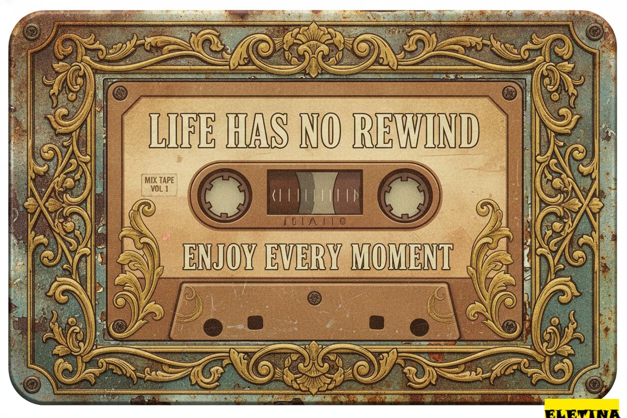 Life Has No Rewind Enjoy Every Moment Silver Music Cassette Tin Sign Office Wall Art Motivational Decor 8x12in